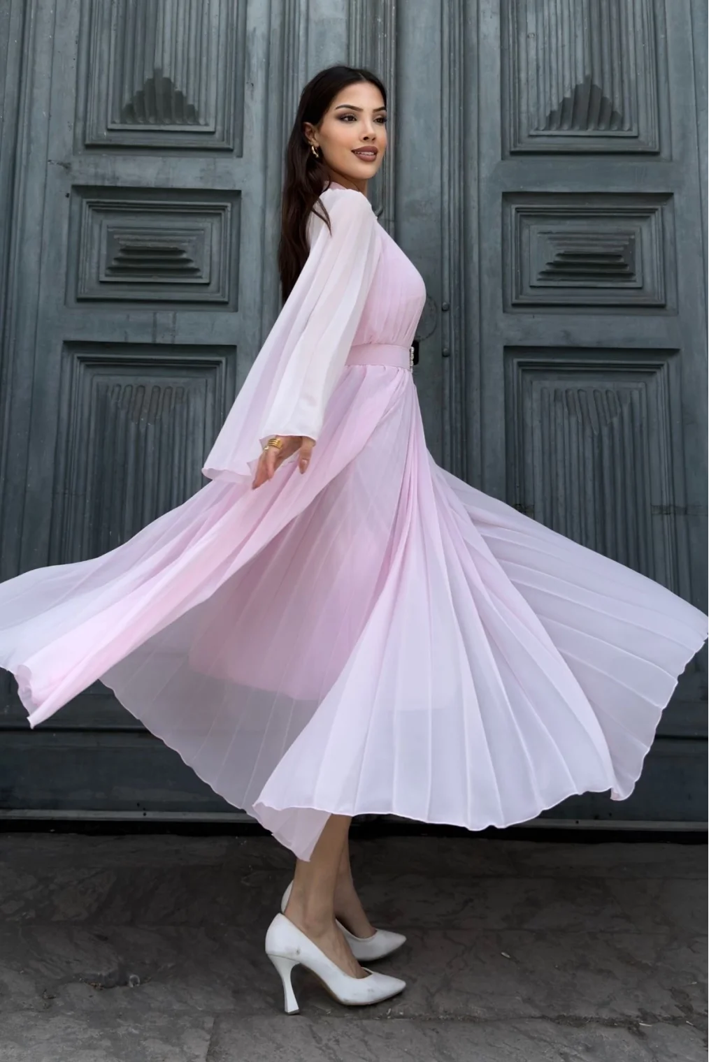 Plise Detaylı Kemerli Rahat Form Abiye Elbise 2183-Pembe