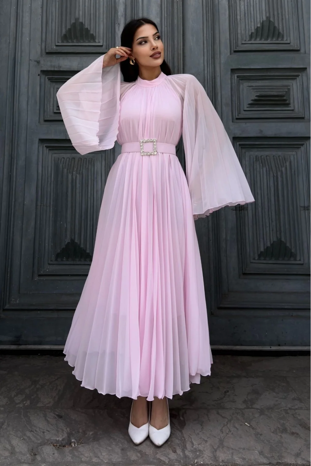 Plise Detaylı Kemerli Rahat Form Abiye Elbise 2183-Pembe