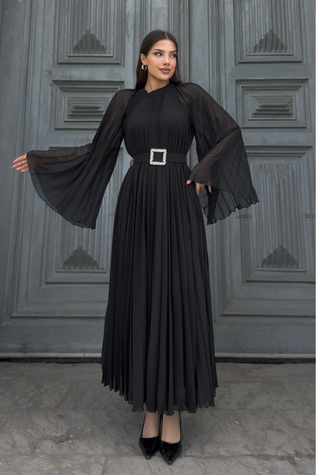 Plise Detaylı Kemerli Rahat Form Abiye Elbise 2183-Siyah