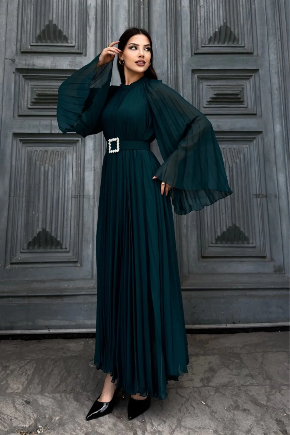 Plise Detaylı Kemerli Rahat Form Abiye Elbise 2183-Yeşil