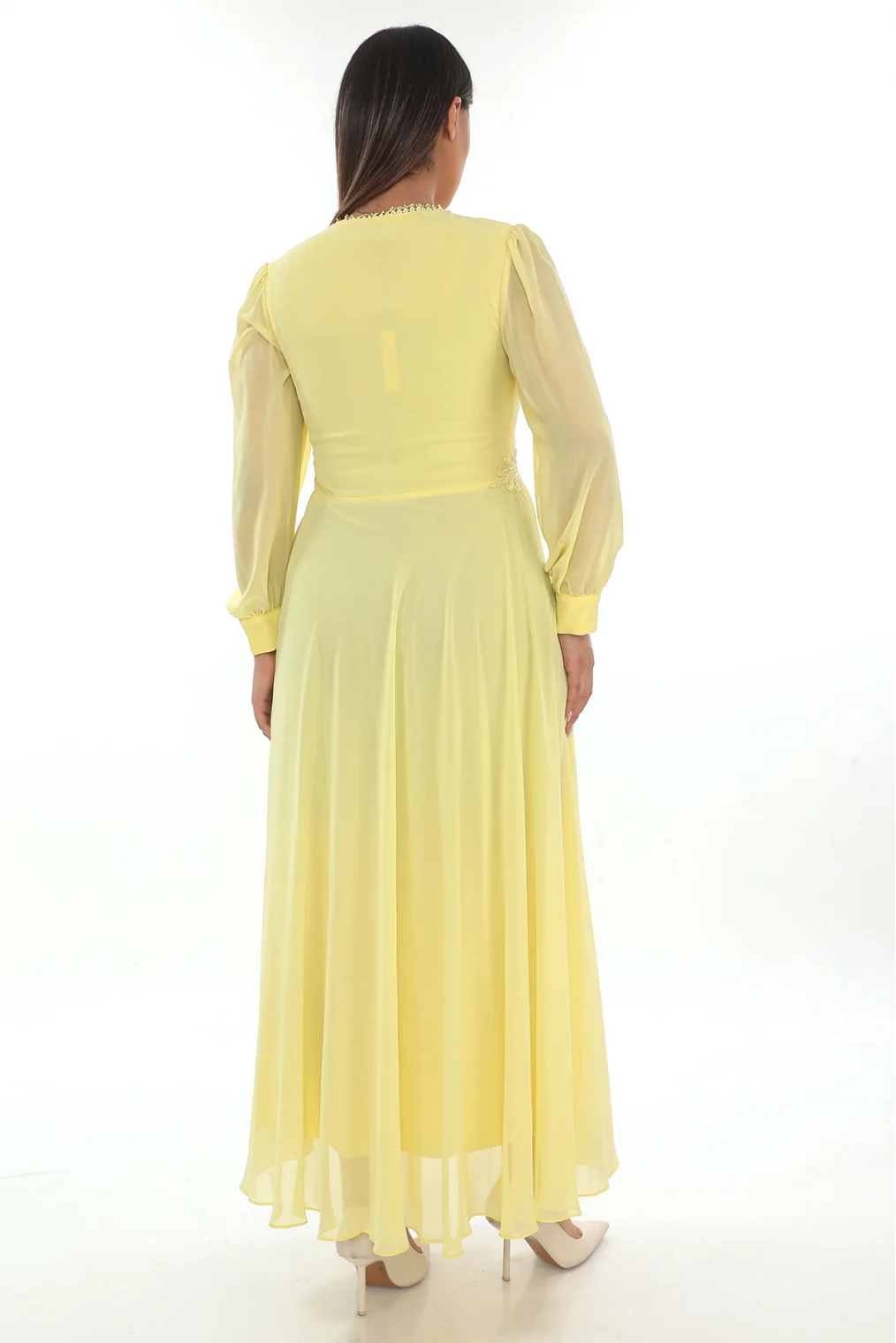 Plise Ve Boncuk Detaylı Büyük Beden Elbise 2213- Sarı