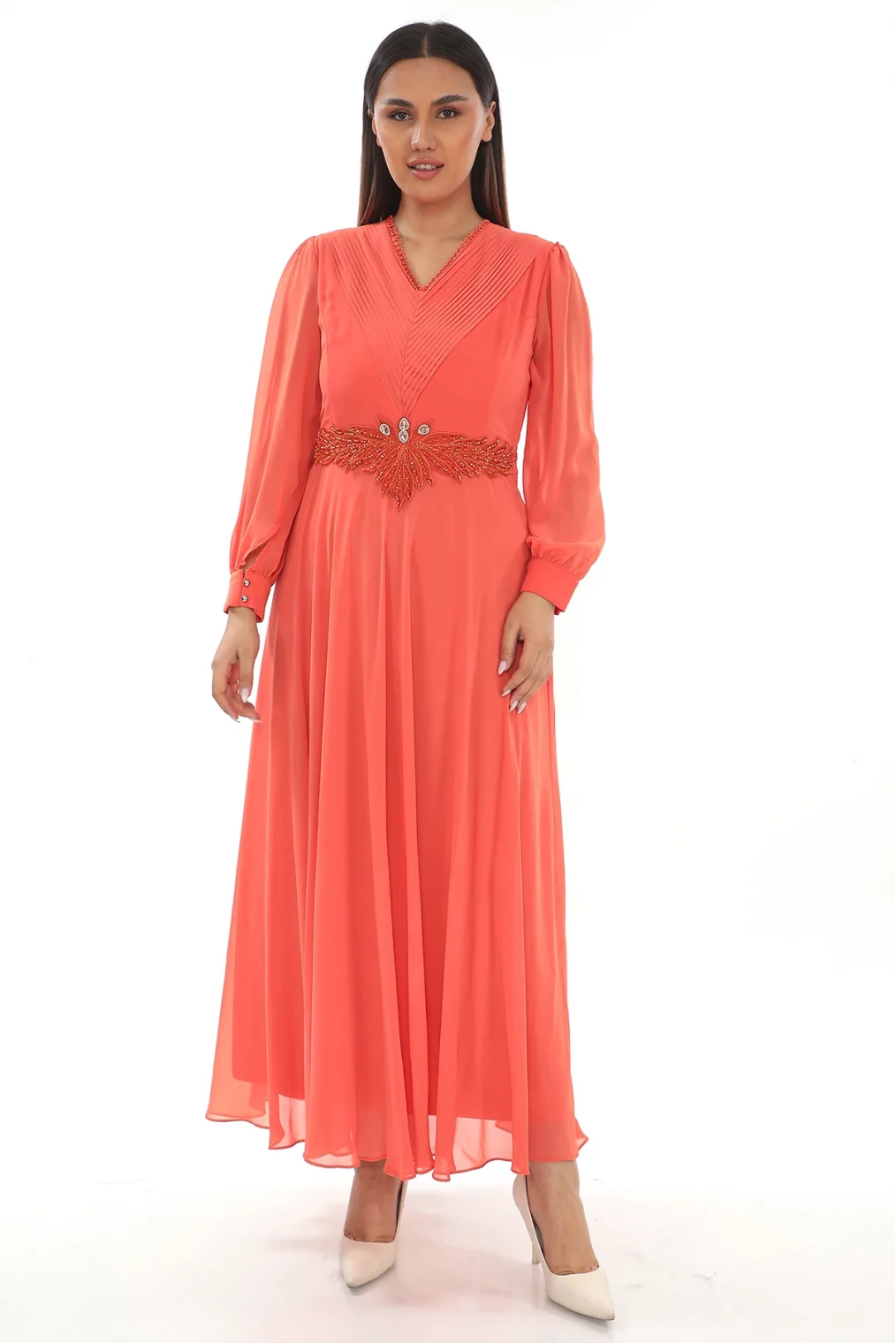 Plise Ve Boncuk Detaylı Büyük Beden Elbise 2213- Turuncu