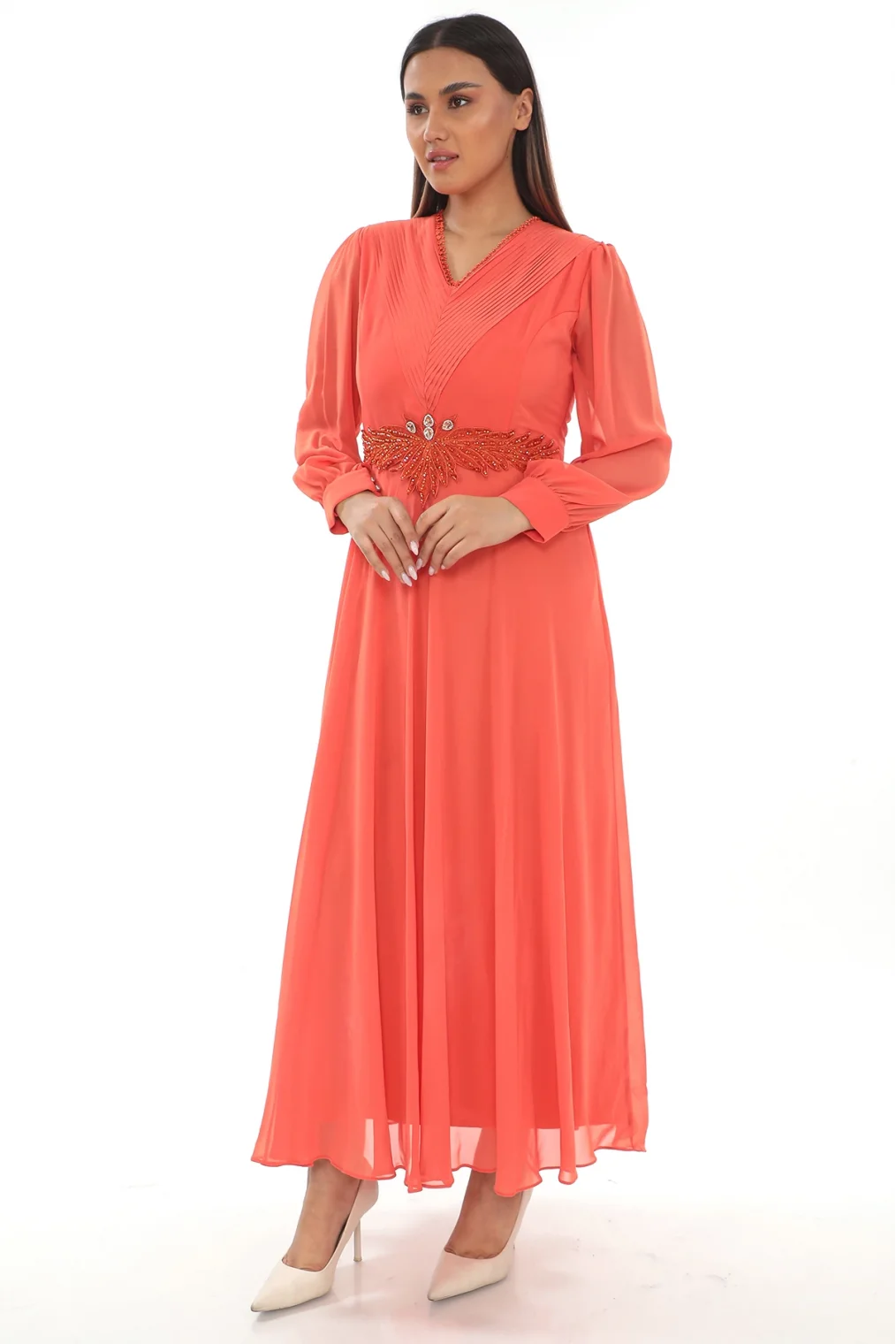 Plise Ve Boncuk Detaylı Büyük Beden Elbise 2213- Turuncu