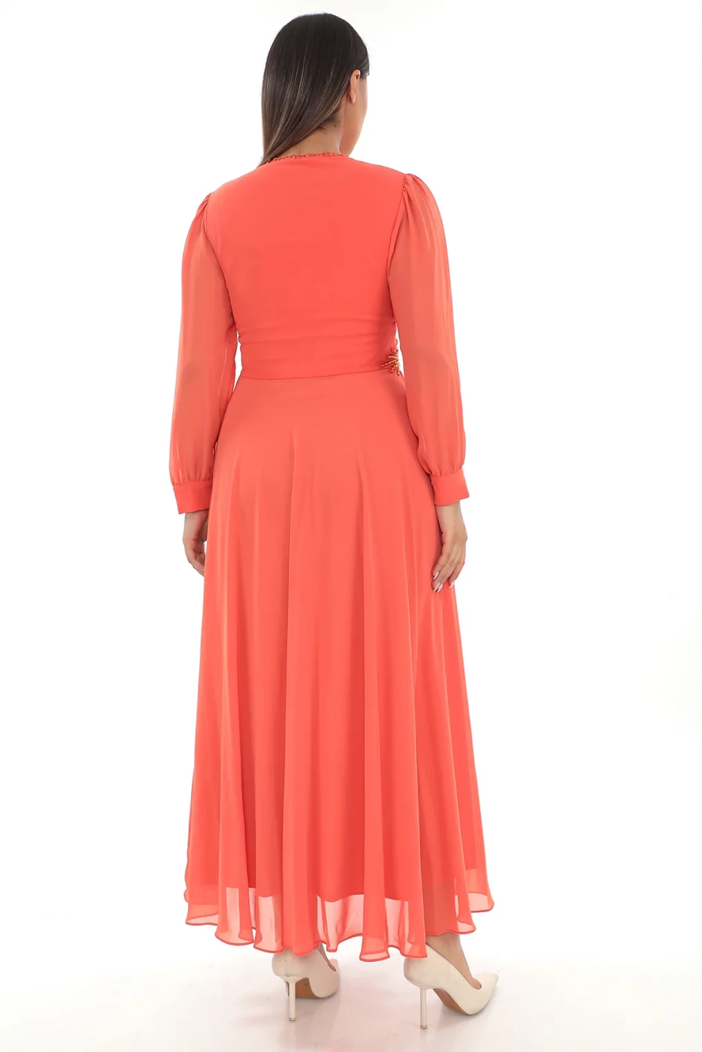 Plise Ve Boncuk Detaylı Büyük Beden Elbise 2213- Turuncu