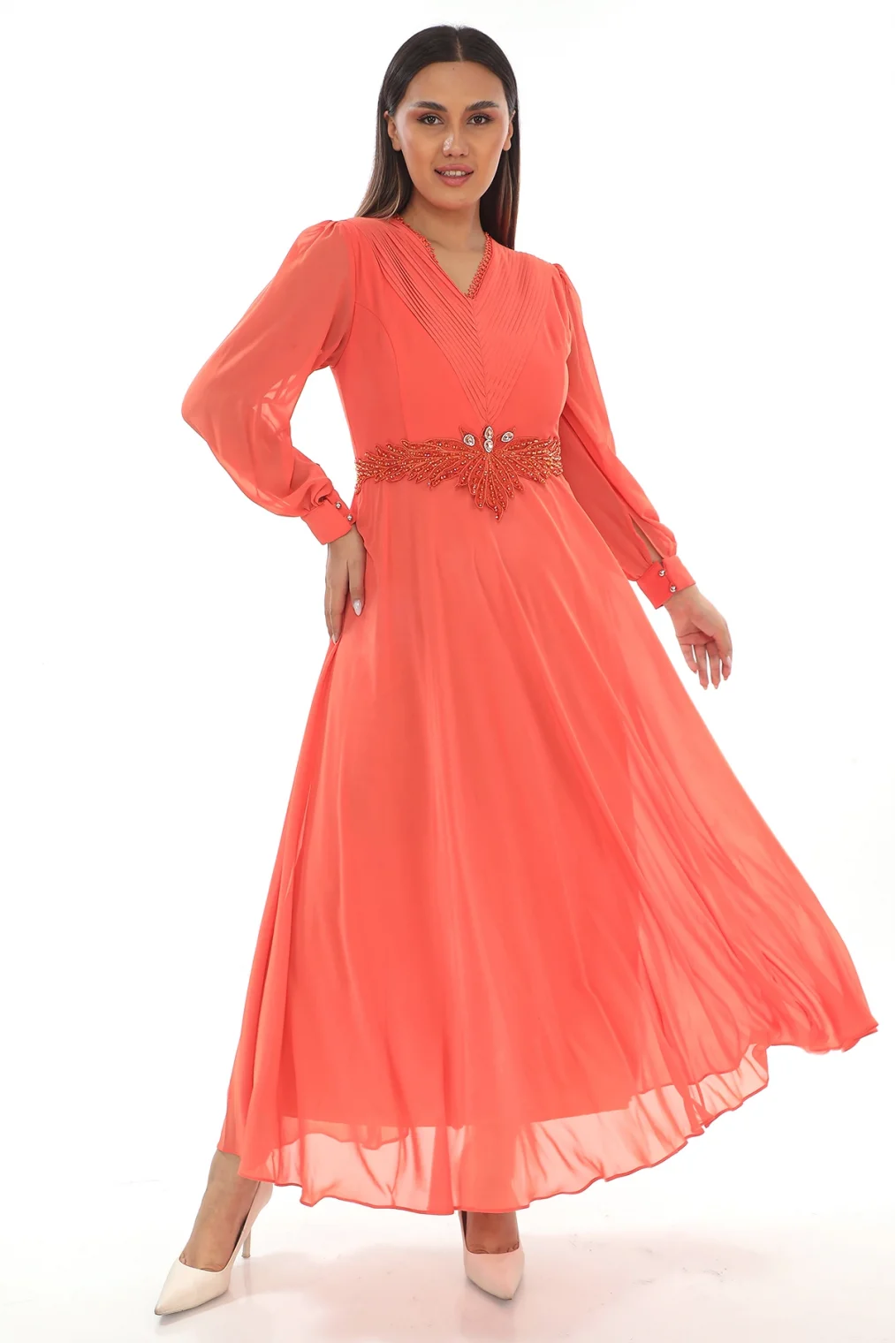 Plise Ve Boncuk Detaylı Büyük Beden Elbise 2213- Turuncu