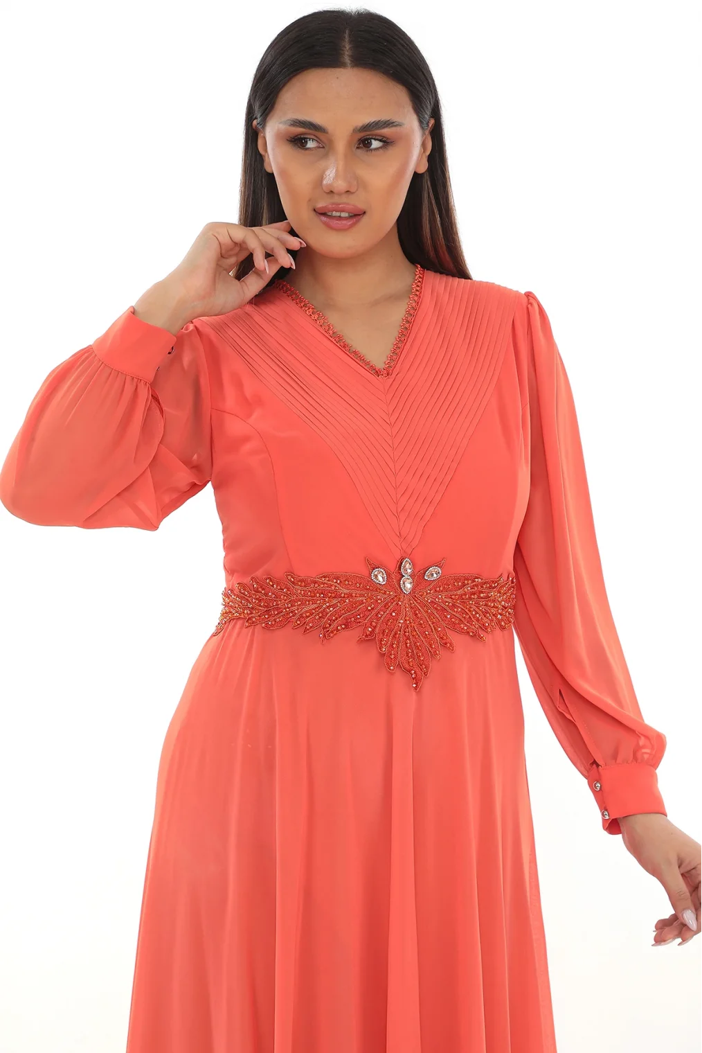 Plise Ve Boncuk Detaylı Büyük Beden Elbise 2213- Turuncu