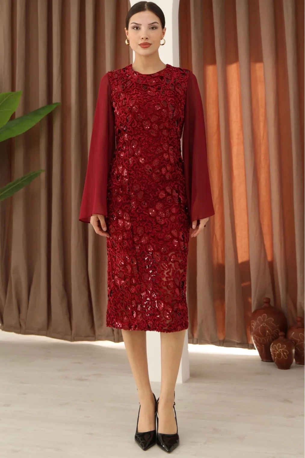 Pulpayet ve Şifon Kollu Kadife Midi Elbise 6045-Bordo