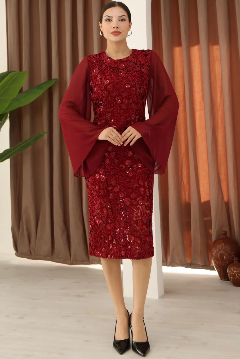 Pulpayet ve Şifon Kollu Kadife Midi Elbise 6045-Bordo