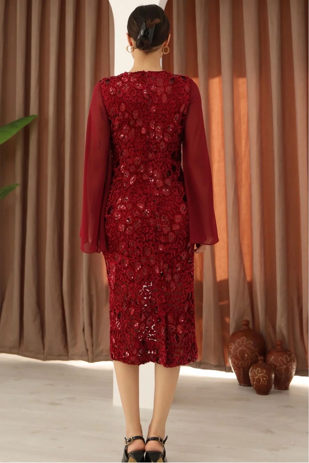 Pulpayet ve Şifon Kollu Kadife Midi Elbise 6045-Bordo