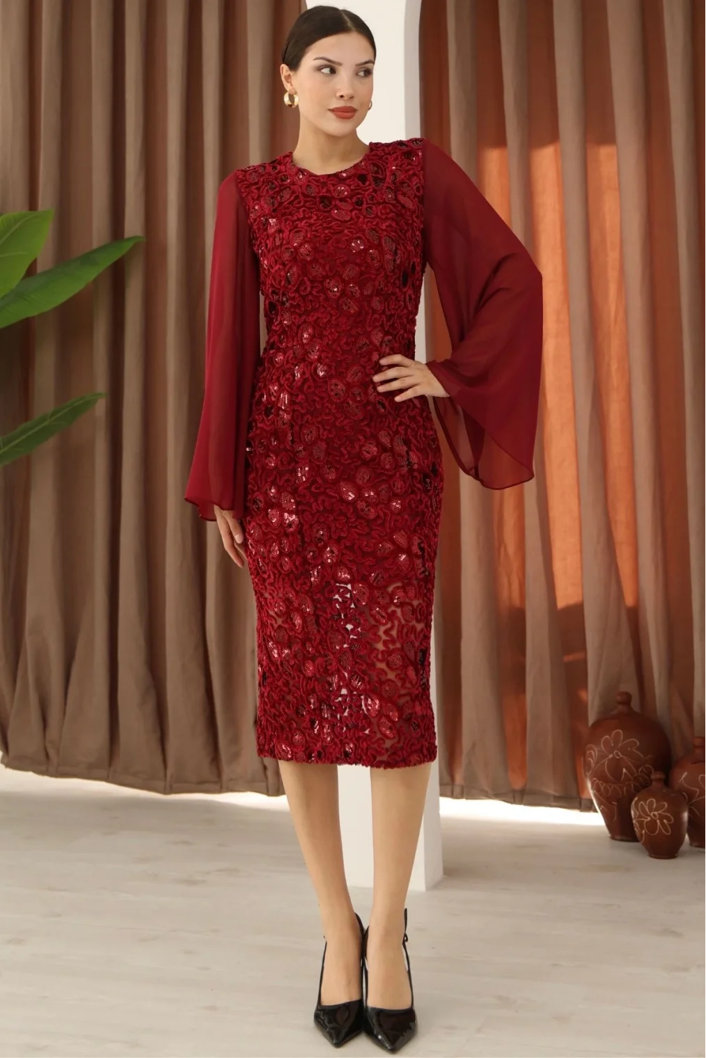 Pulpayet ve Şifon Kollu Kadife Midi Elbise 6045-Bordo