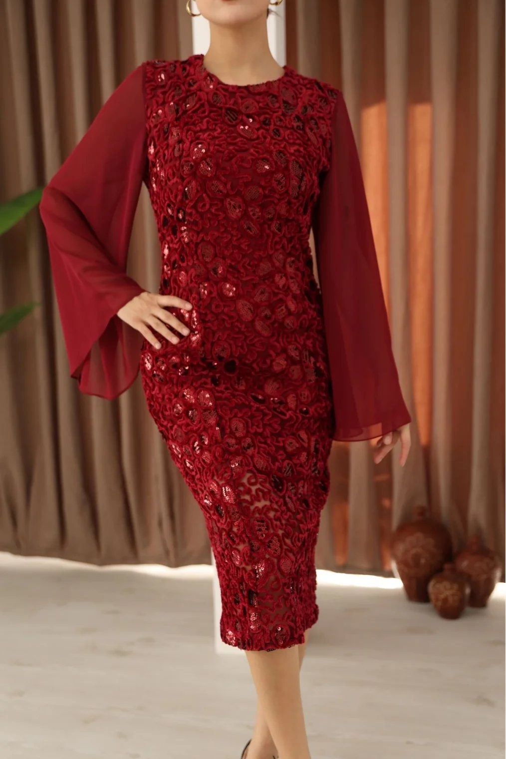 Pulpayet ve Şifon Kollu Kadife Midi Elbise 6045-Bordo