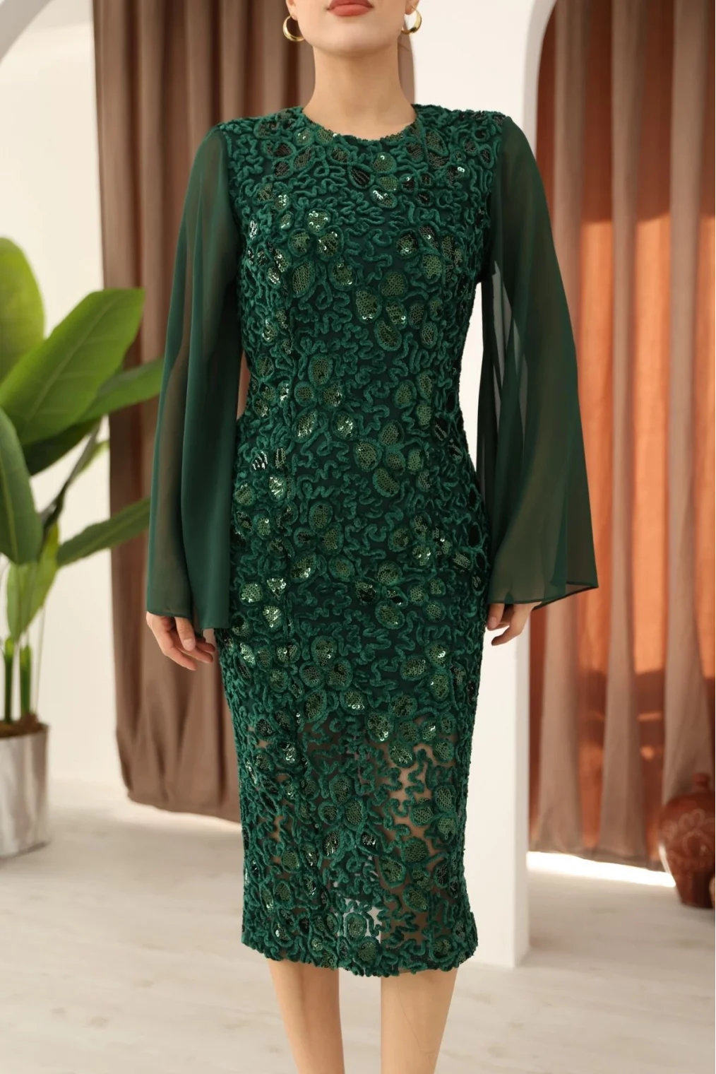 Pulpayet ve Şifon Kollu Kadife Midi Elbise 6045-Yeşil