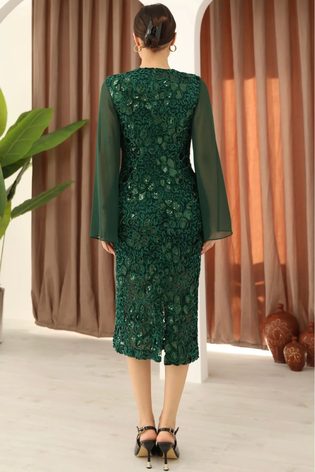 Pulpayet ve Şifon Kollu Kadife Midi Elbise 6045-Yeşil