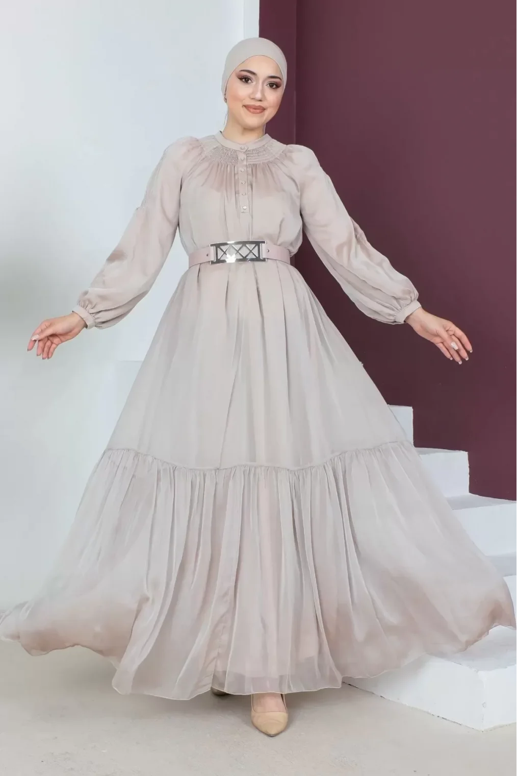 Rahat Form Kemerli Tesettür Abiye Elbise 746-Bej