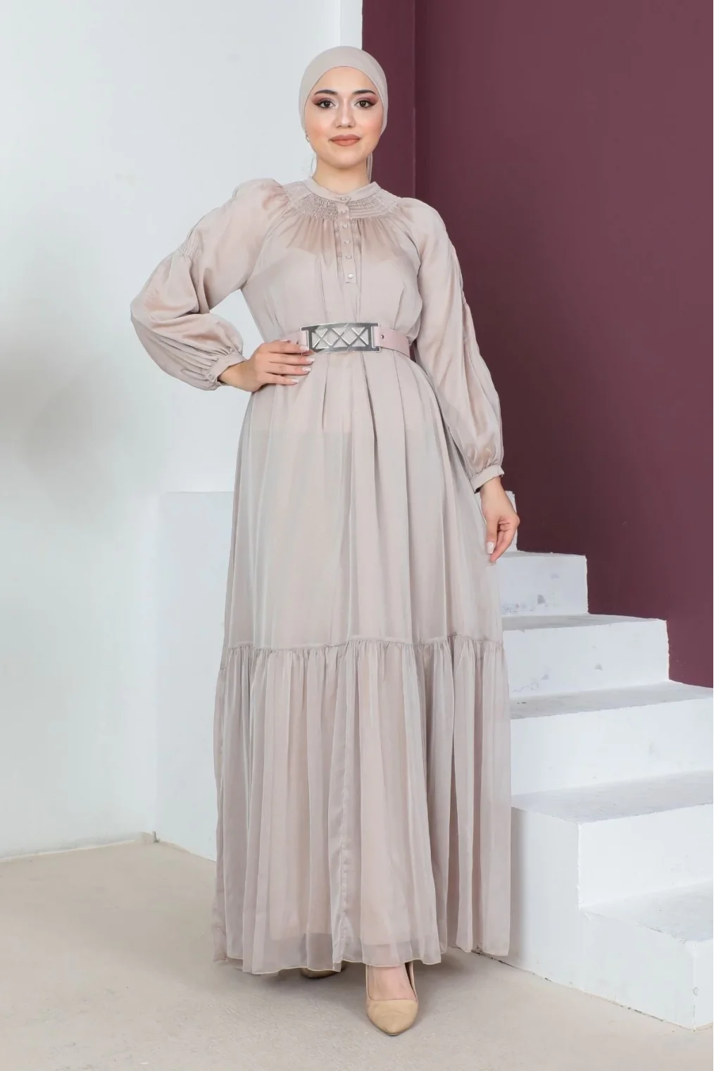 Rahat Form Kemerli Tesettür Abiye Elbise 746-Bej