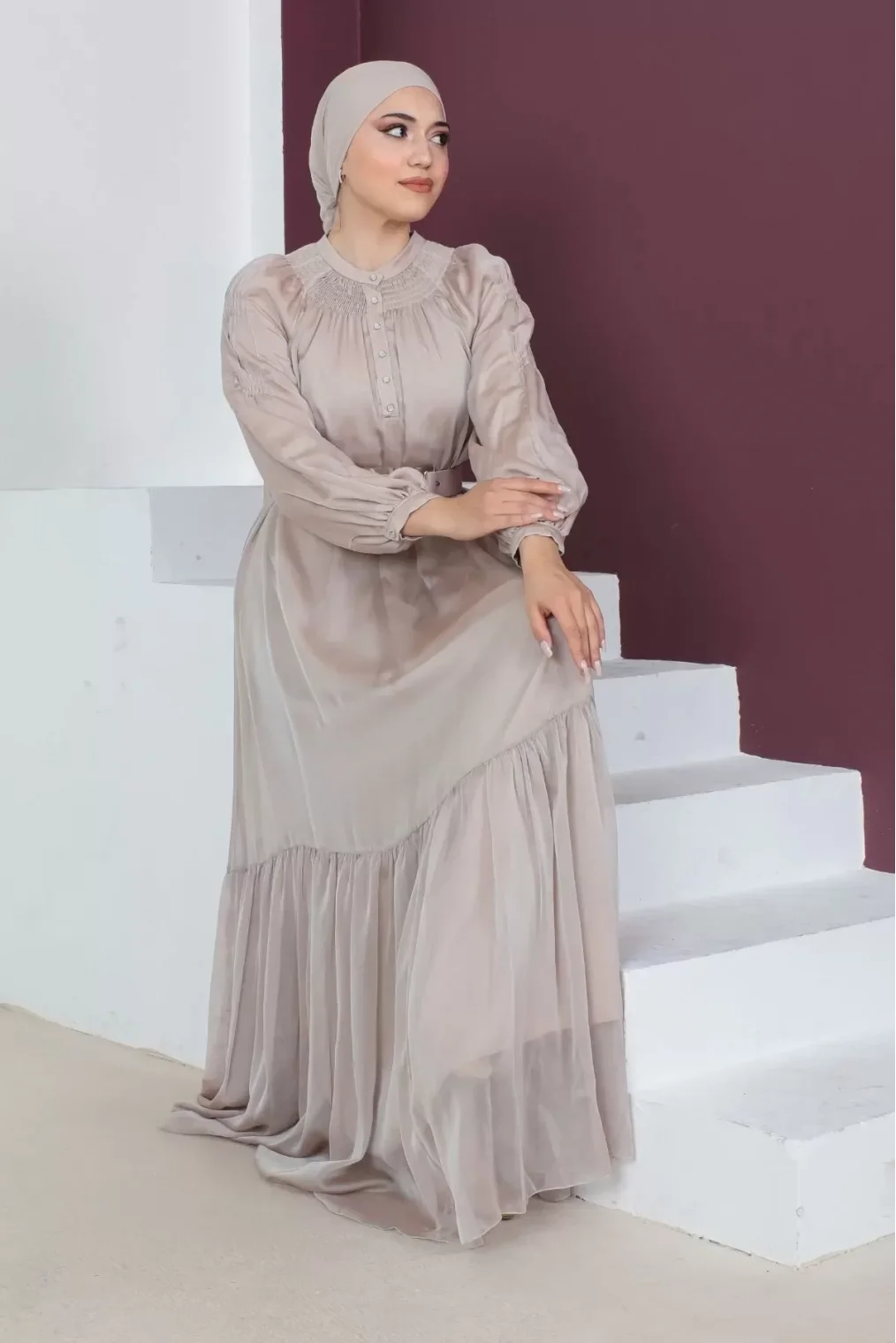 Rahat Form Kemerli Tesettür Abiye Elbise 746-Bej