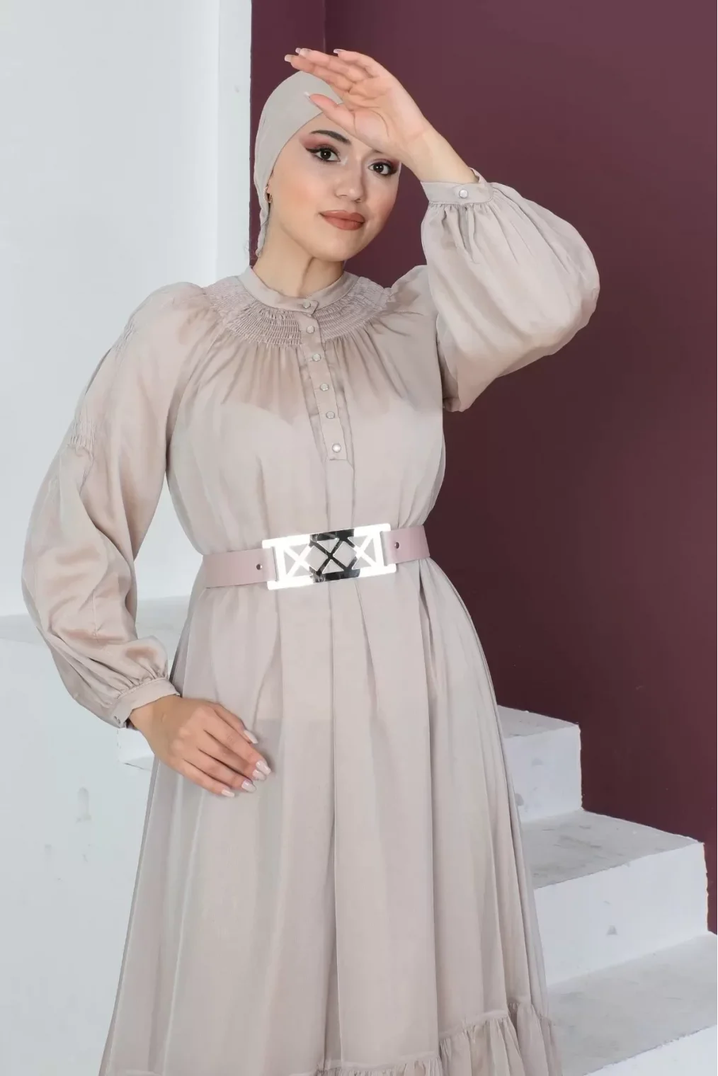 Rahat Form Kemerli Tesettür Abiye Elbise 746-Bej