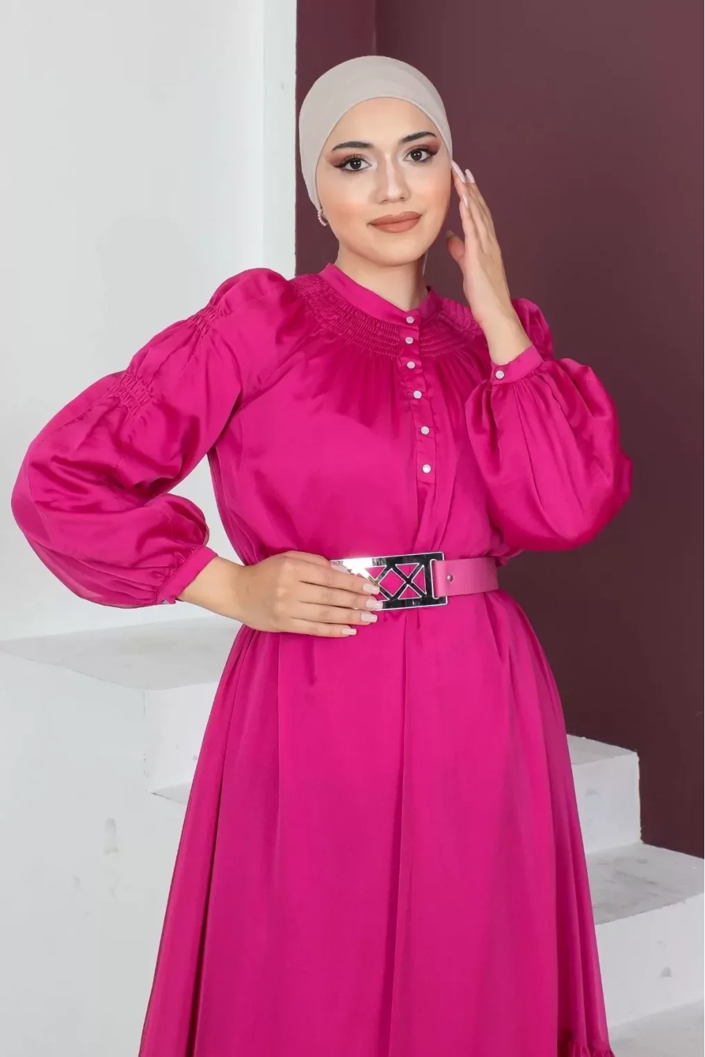 Rahat Form Kemerli Tesettür Abiye Elbise 746-Fuşya