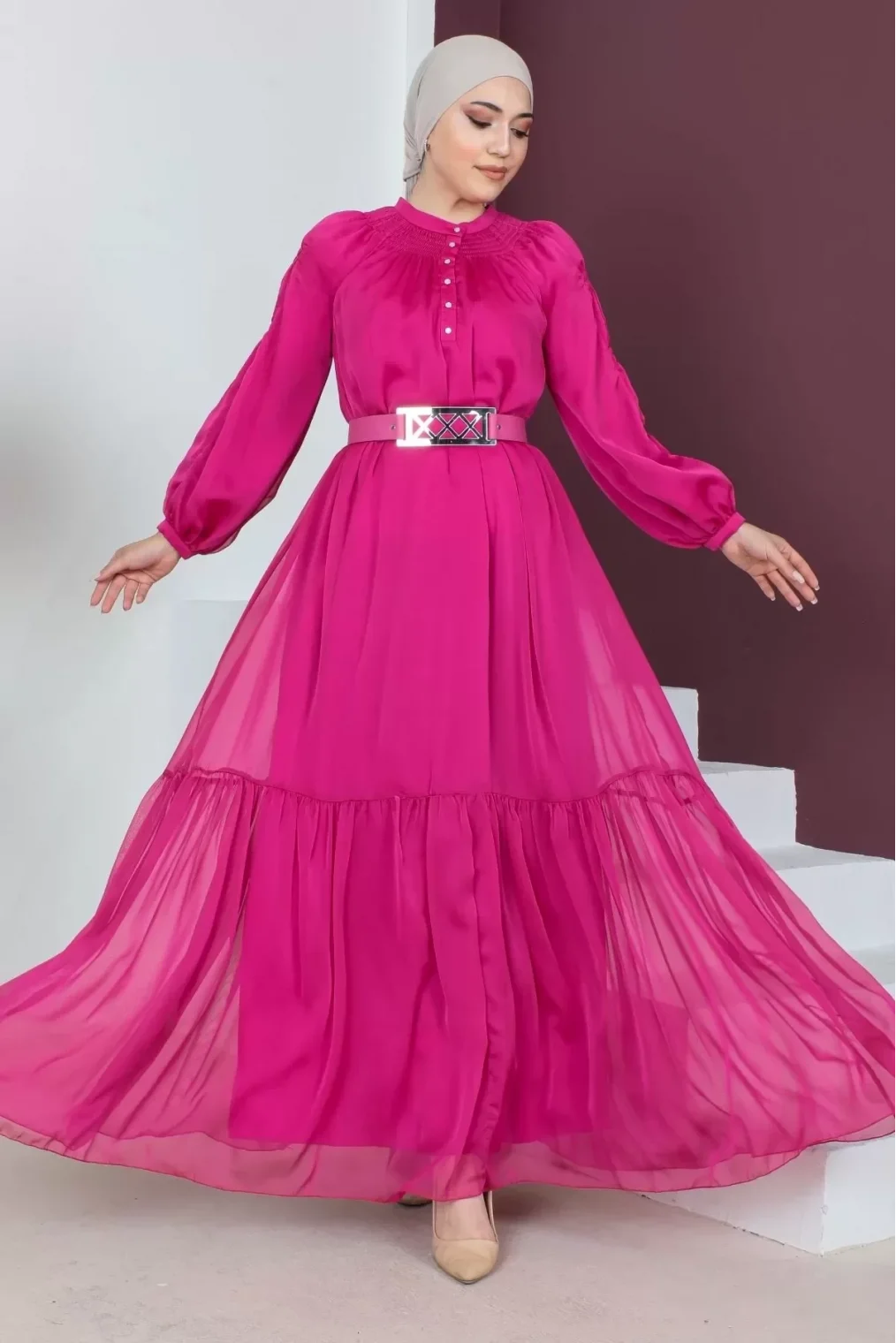 Rahat Form Kemerli Tesettür Abiye Elbise 746-Fuşya