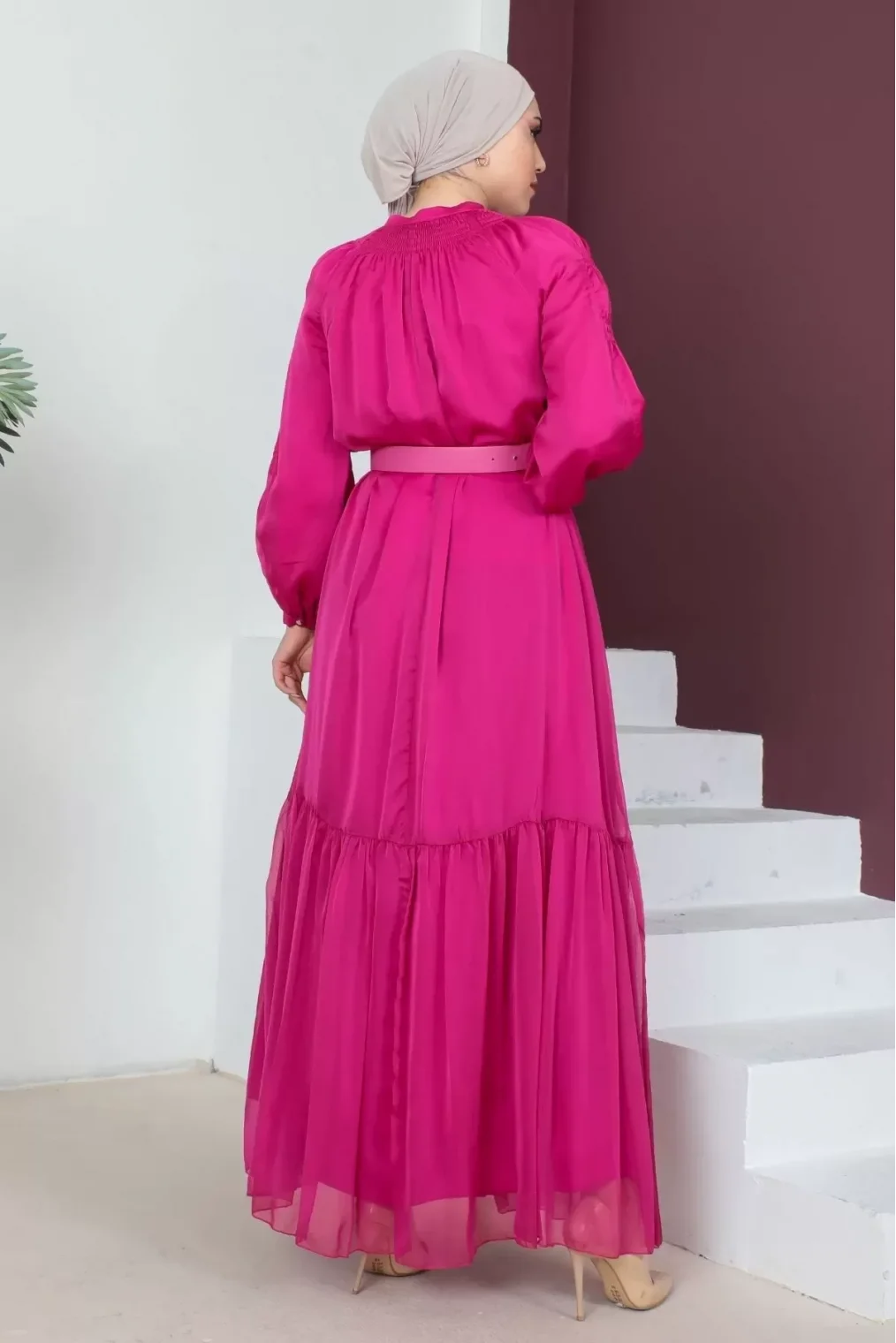 Rahat Form Kemerli Tesettür Abiye Elbise 746-Fuşya