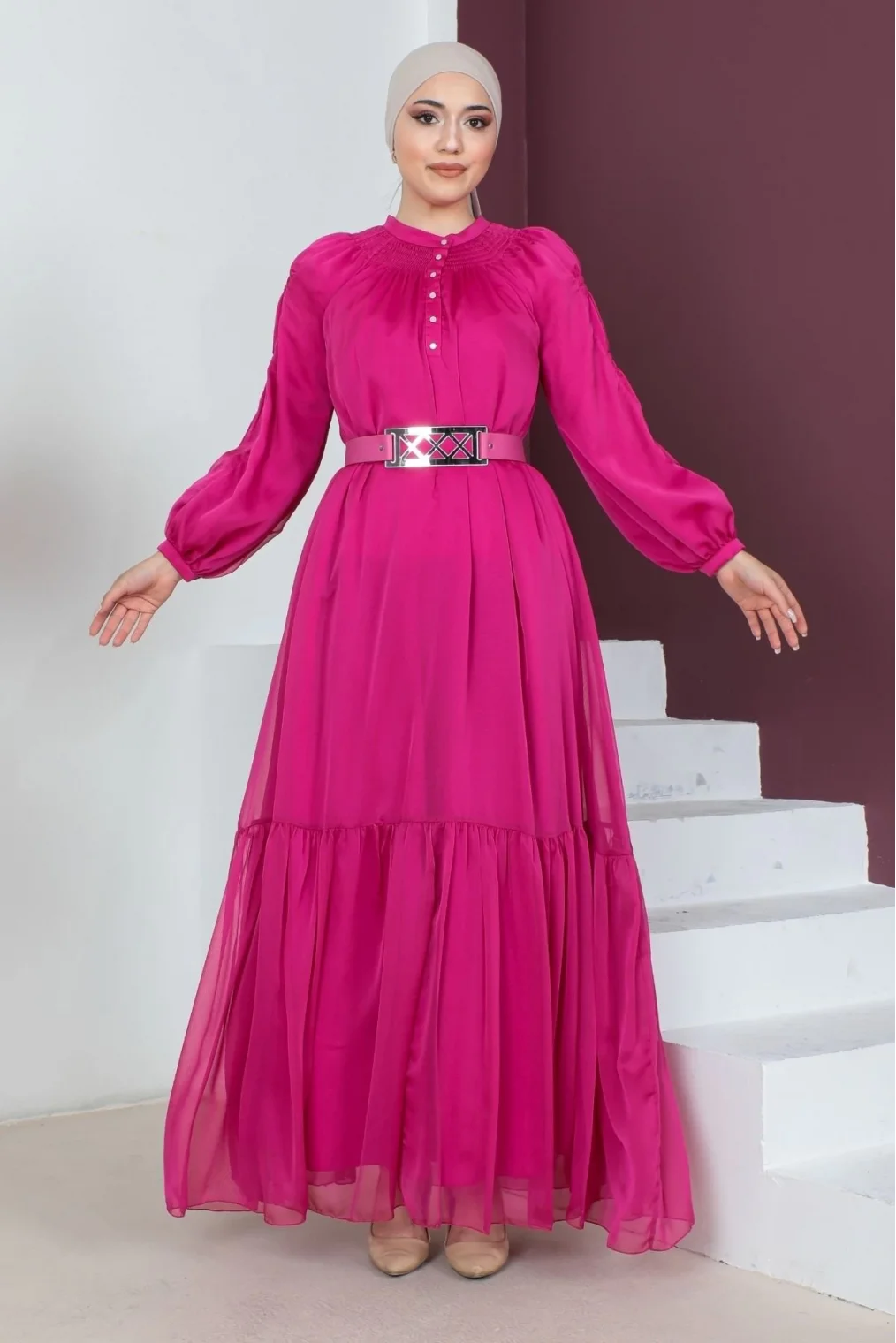 Rahat Form Kemerli Tesettür Abiye Elbise 746-Fuşya