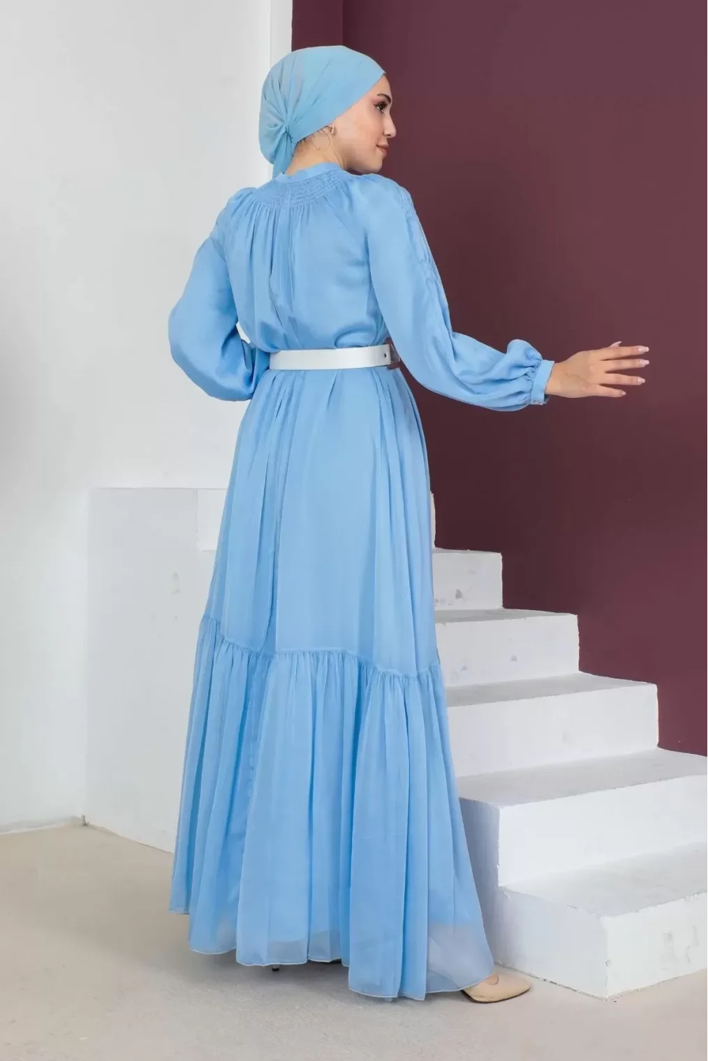 Rahat Form Kemerli Tesettür Abiye Elbise 746-Mavi