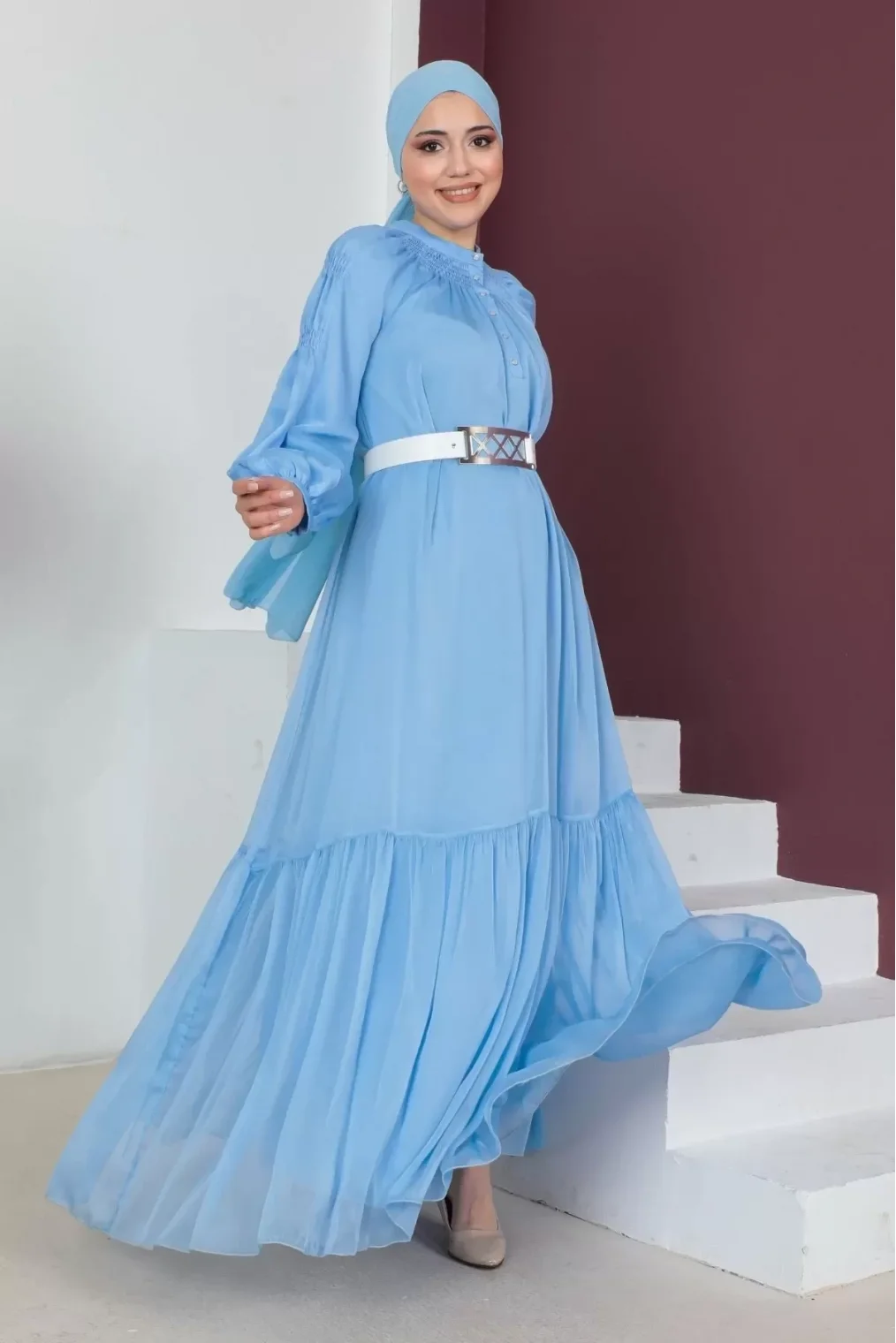 Rahat Form Kemerli Tesettür Abiye Elbise 746-Mavi