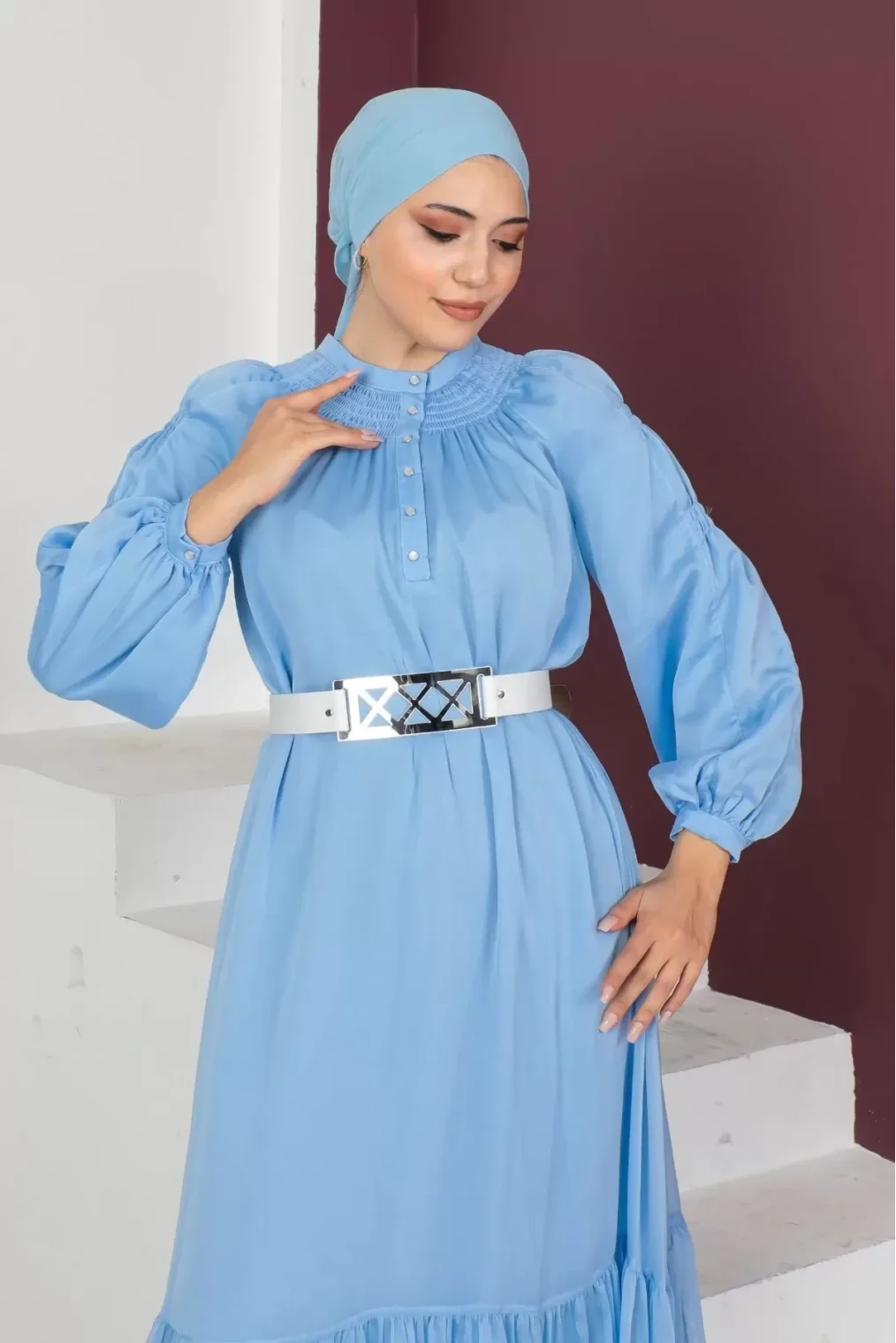 Rahat Form Kemerli Tesettür Abiye Elbise 746-Mavi