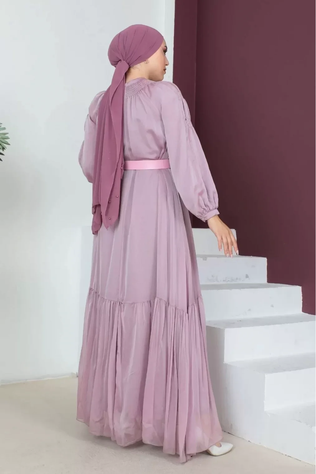 Rahat Form Kemerli Tesettür Abiye Elbise 746-Pudra