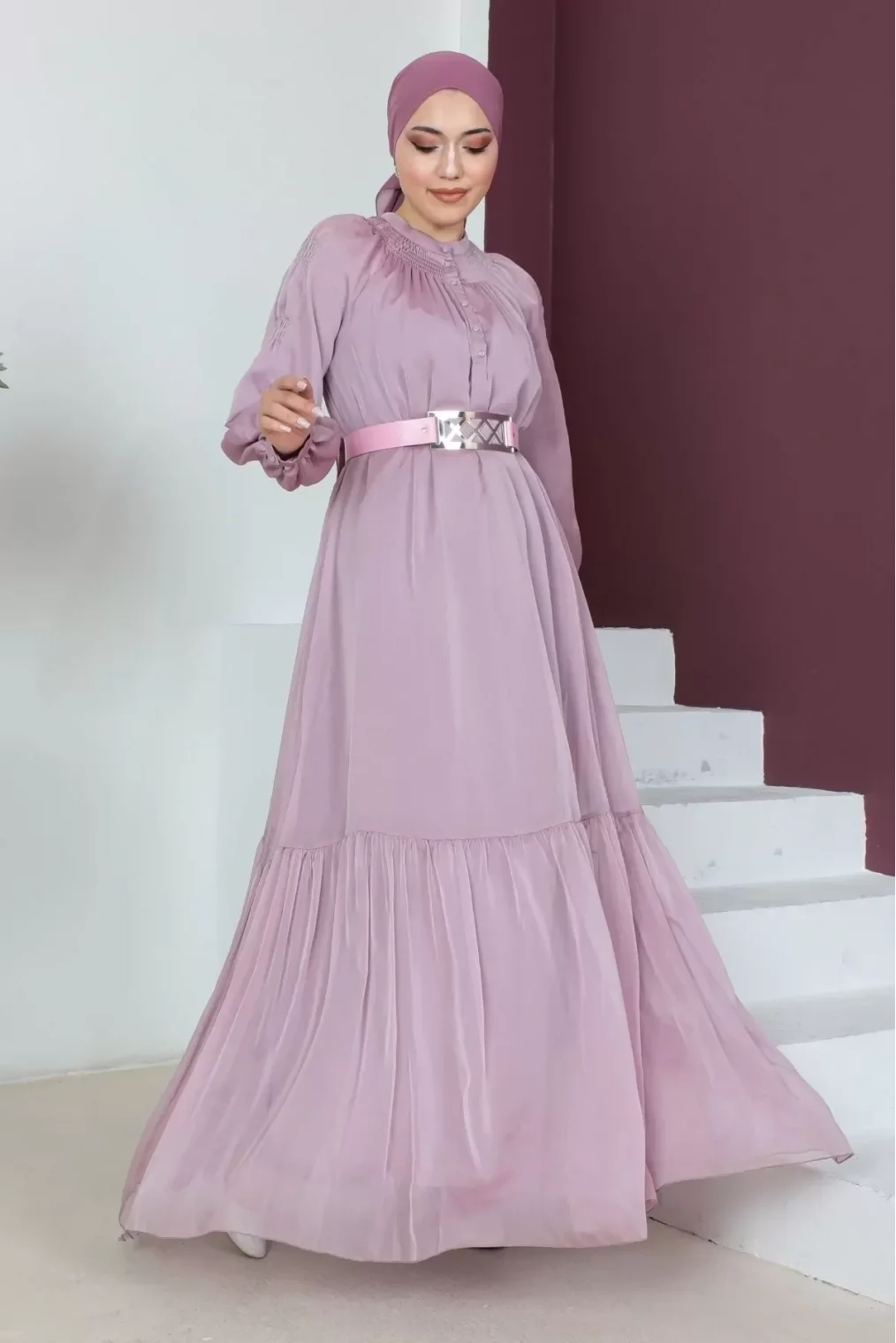 Rahat Form Kemerli Tesettür Abiye Elbise 746-Pudra