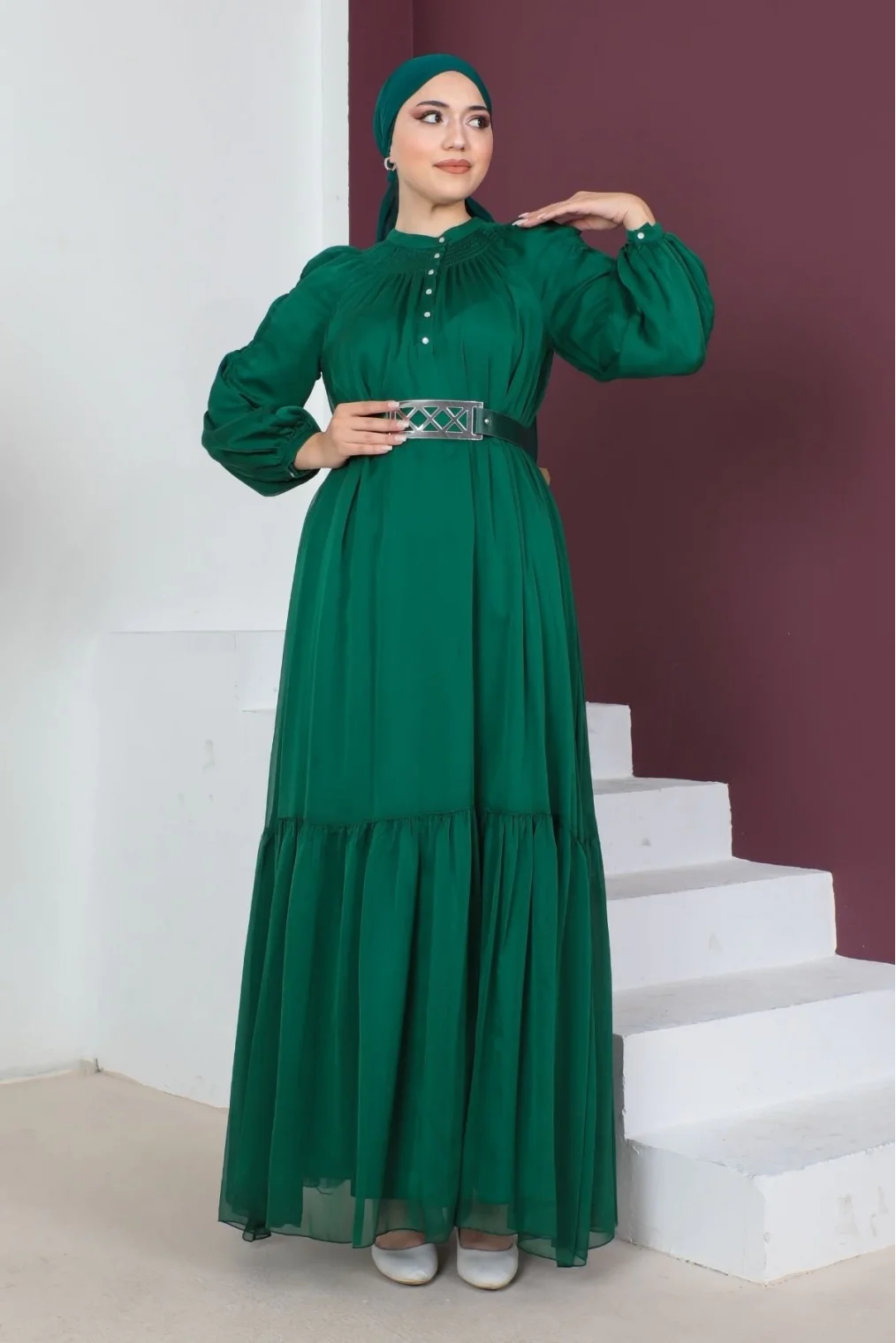 Rahat Form Kemerli Tesettür Abiye Elbise 746-Zümrüt Yeşili