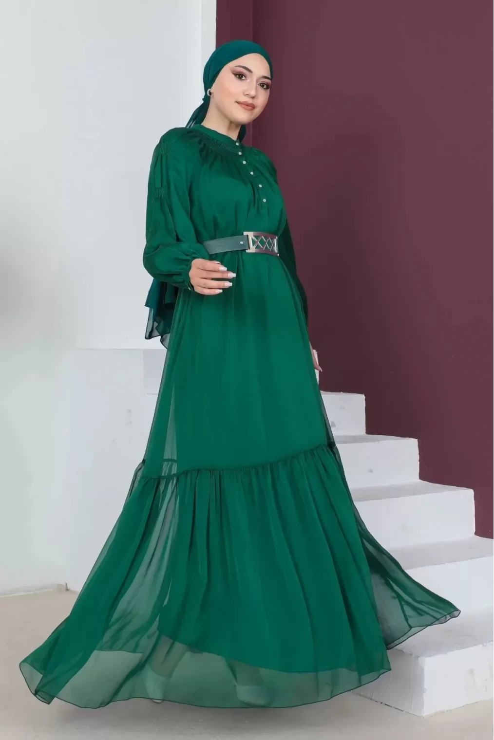 Rahat Form Kemerli Tesettür Abiye Elbise 746-Zümrüt Yeşili