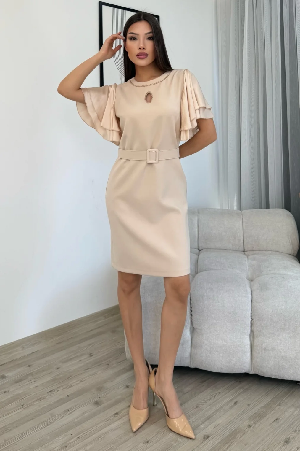 Saten Kol Volanlı Boncuk İşlemeli Kemerli Abiye Elbise 6012-Bej