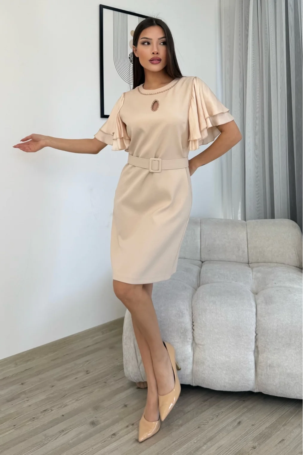 Saten Kol Volanlı Boncuk İşlemeli Kemerli Abiye Elbise 6012-Bej
