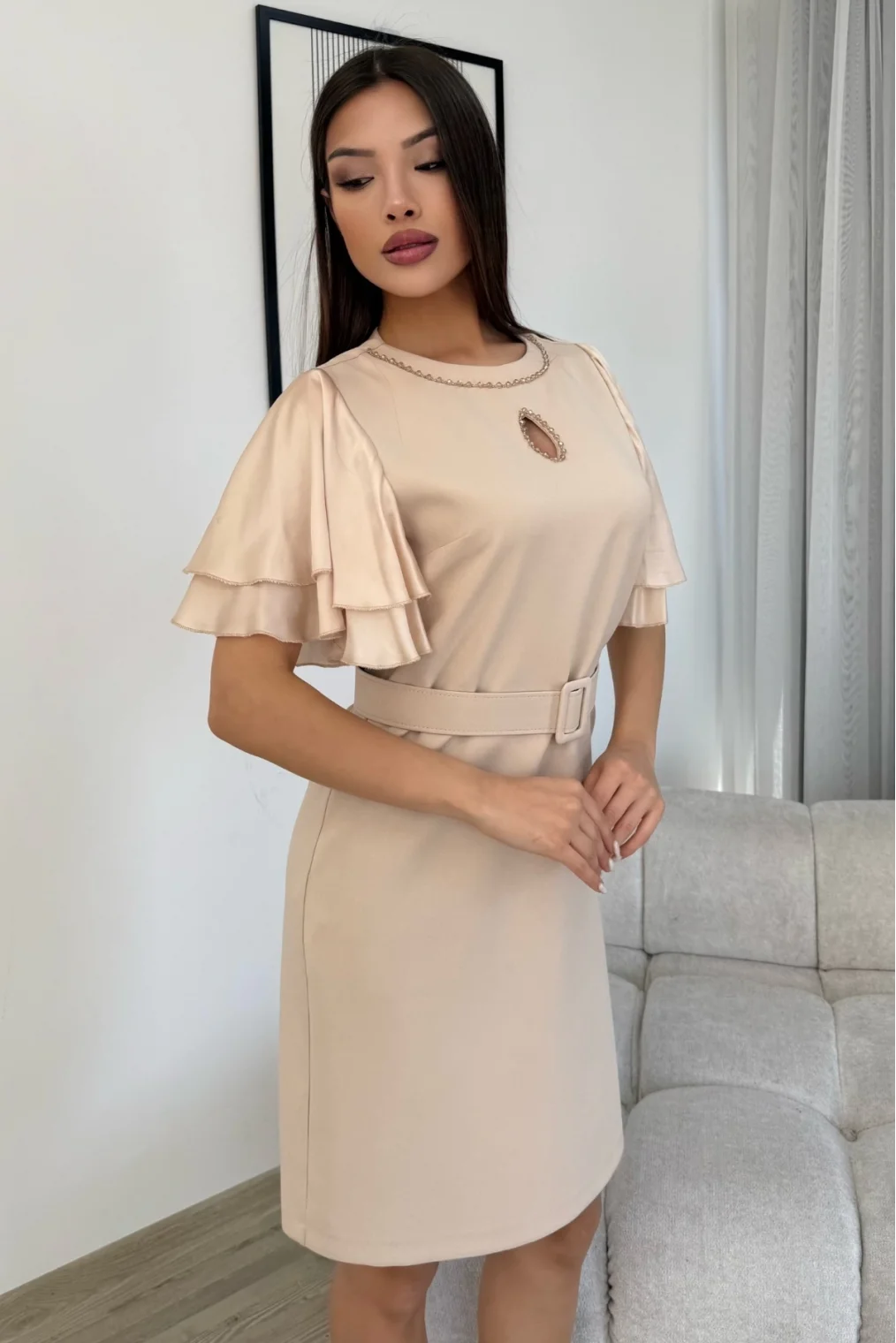 Saten Kol Volanlı Boncuk İşlemeli Kemerli Abiye Elbise 6012-Bej