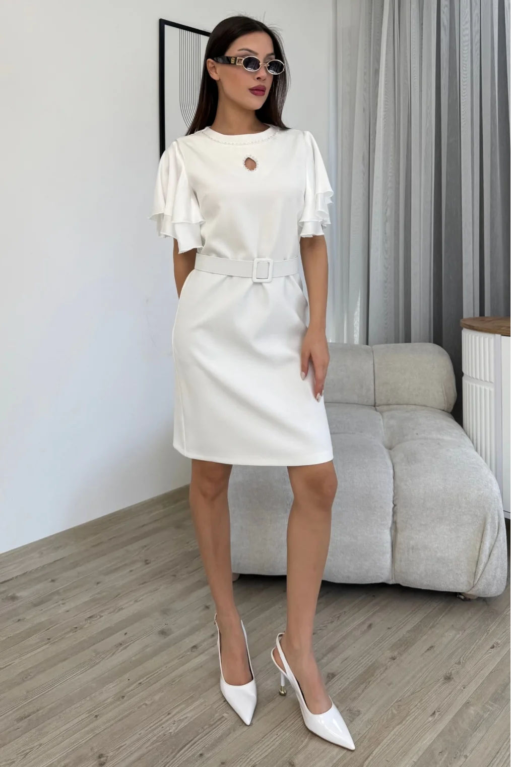 Saten Kol Volanlı Boncuk İşlemeli Kemerli Abiye Elbise 6012-Beyaz