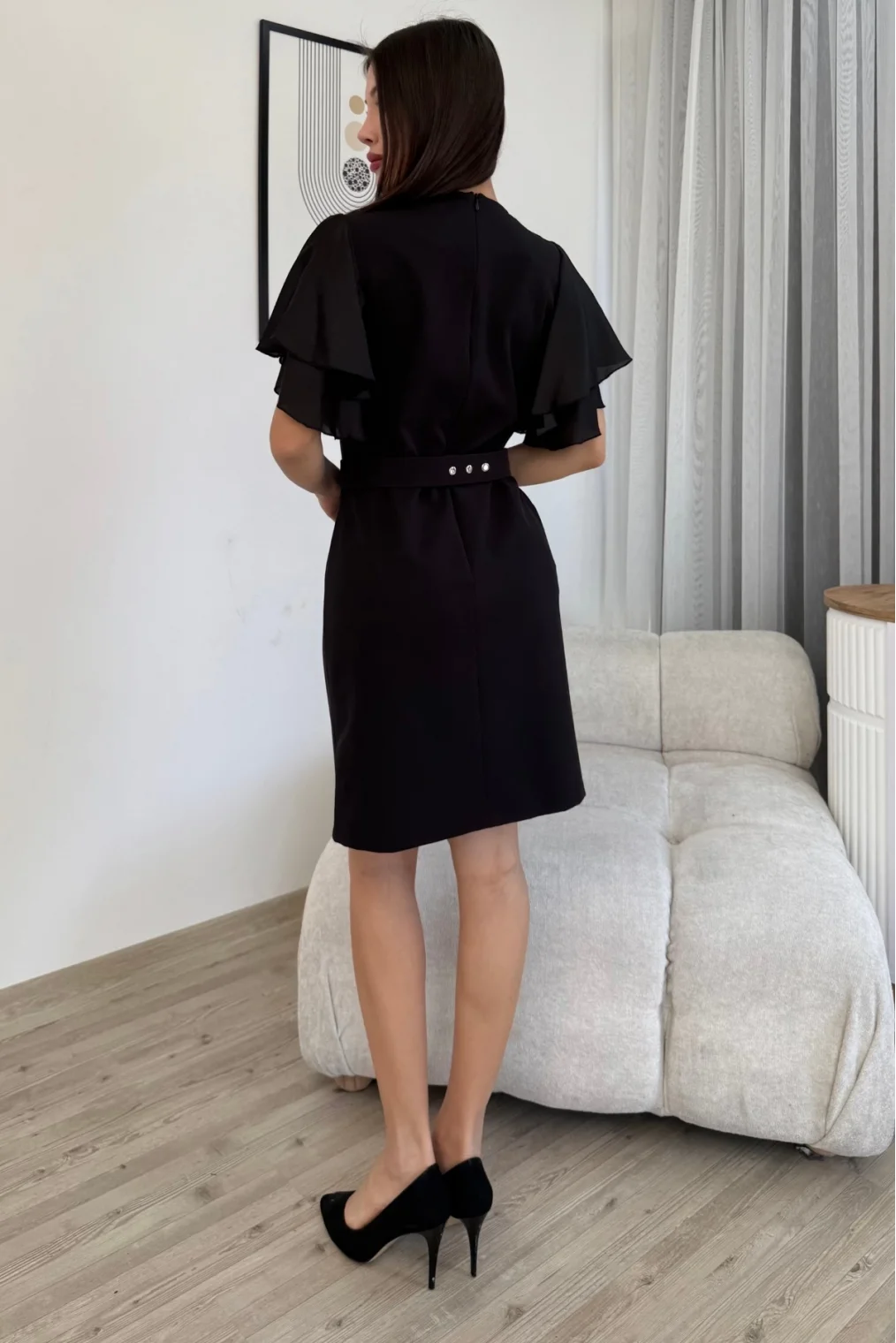 Saten Kol Volanlı Boncuk İşlemeli Kemerli Abiye Elbise 6012-Siyah