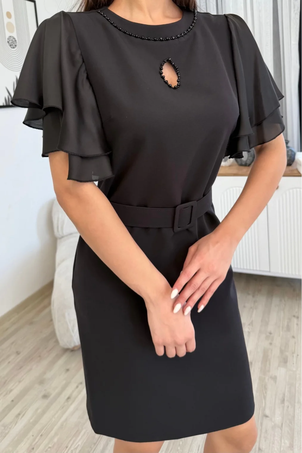 Saten Kol Volanlı Boncuk İşlemeli Kemerli Abiye Elbise 6012-Siyah