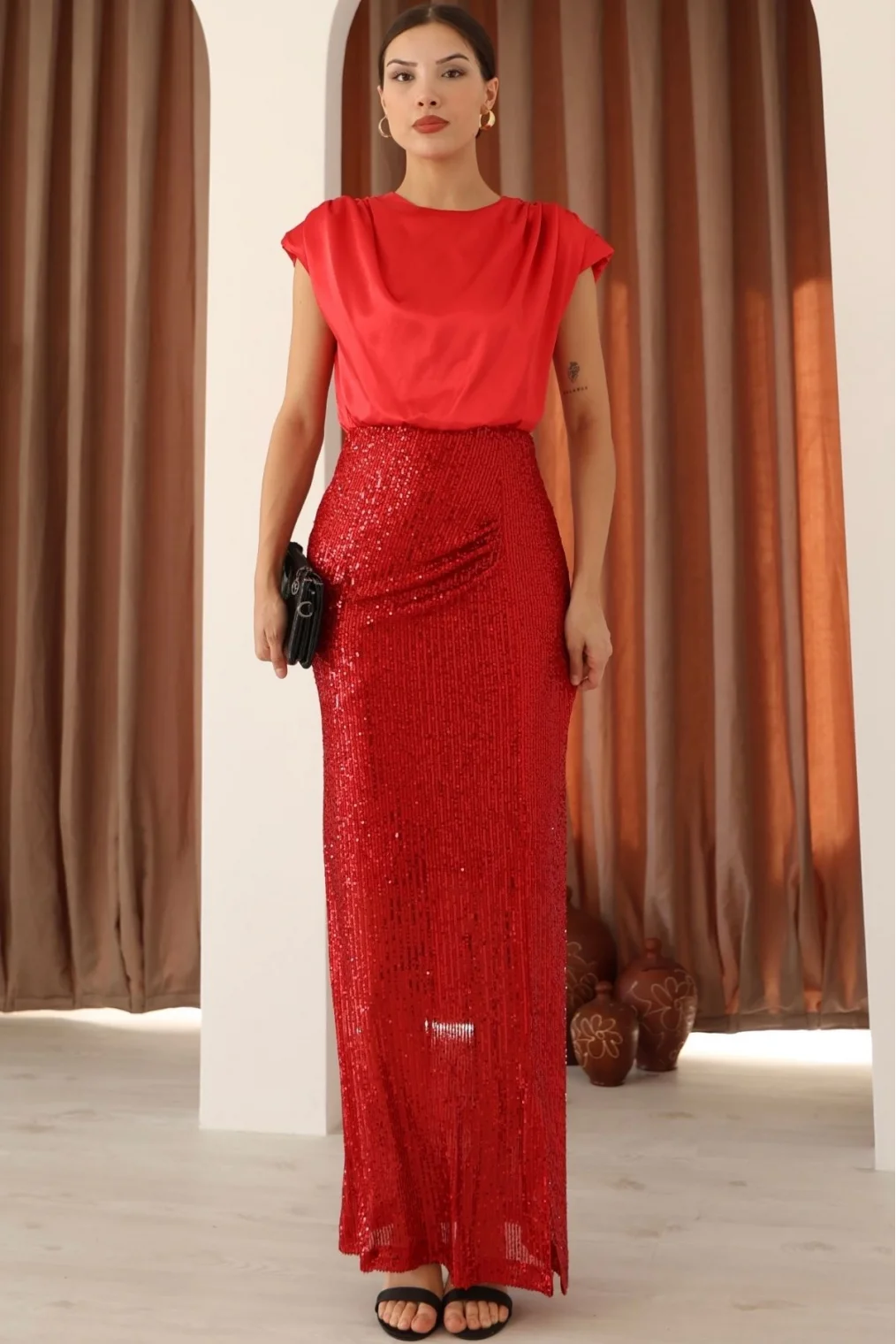 Saten Kombinli Payetli Kalem Elbise 6044-Kırmızı