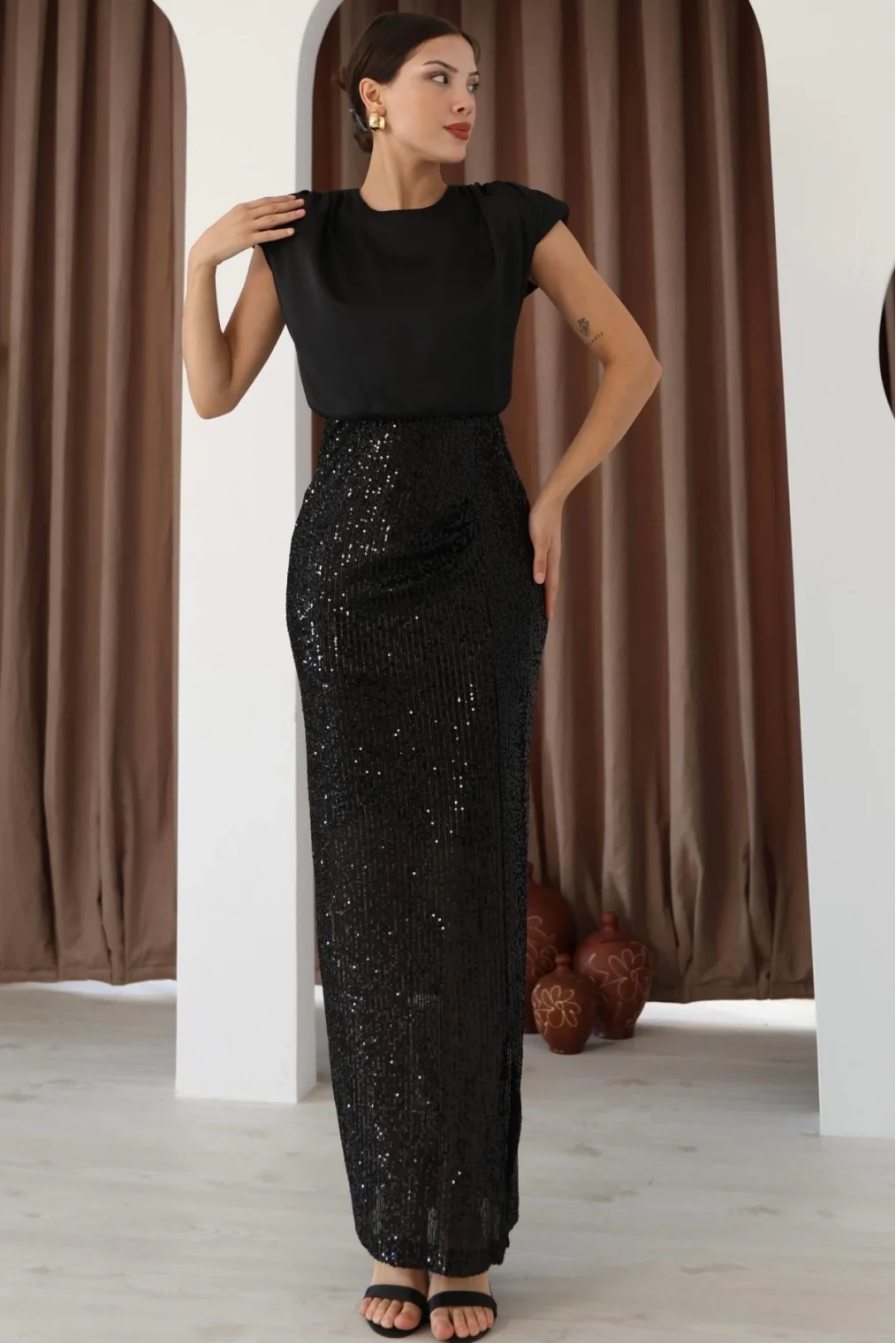 Saten Kombinli Payetli Kalem Elbise 6044-Siyah