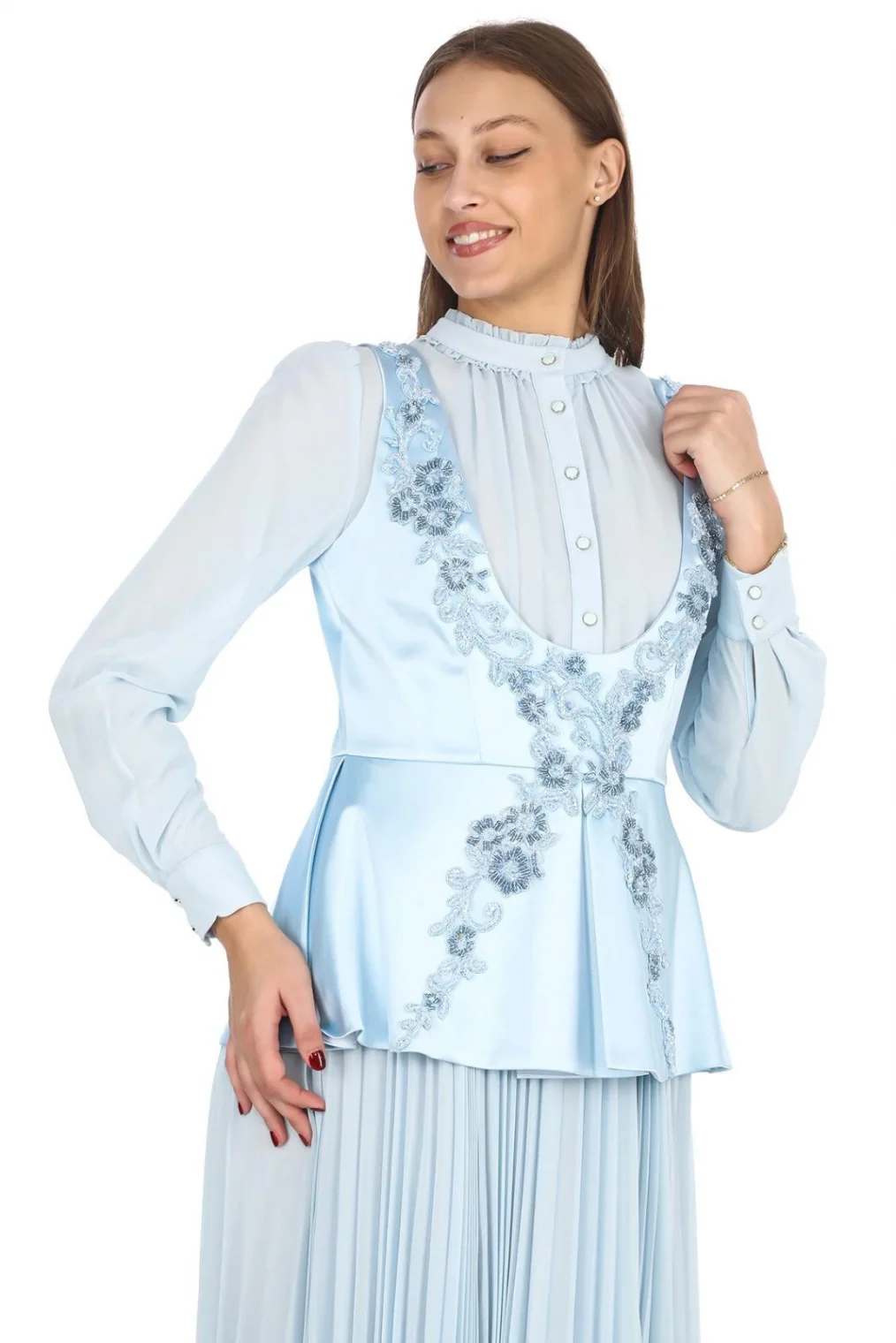 Saten Yelekli Dantel Detaylı Pliseli Abiye 2706-Bebe Mavisi