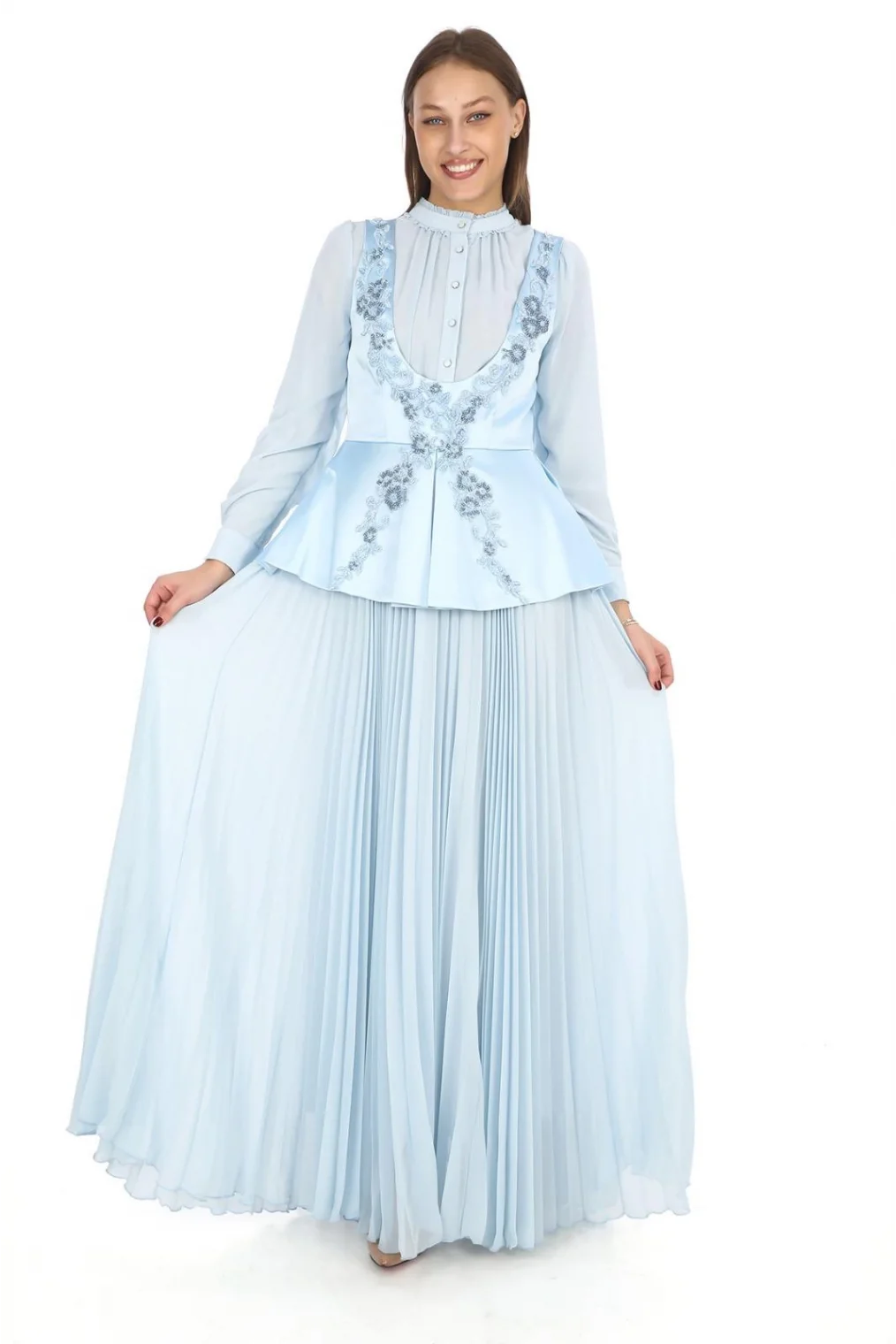 Saten Yelekli Dantel Detaylı Pliseli Abiye 2706-Bebe Mavisi