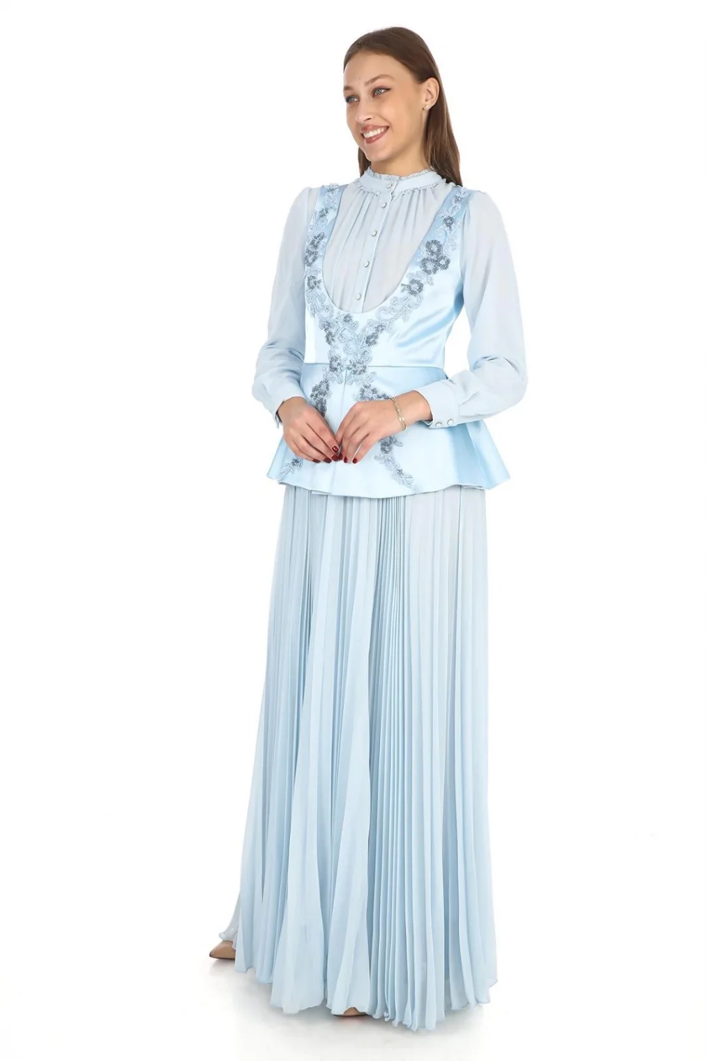 Saten Yelekli Dantel Detaylı Pliseli Abiye 2706-Bebe Mavisi