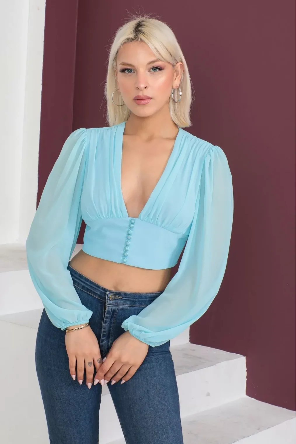Şifon Crop Bluz 1766-Açık Mint