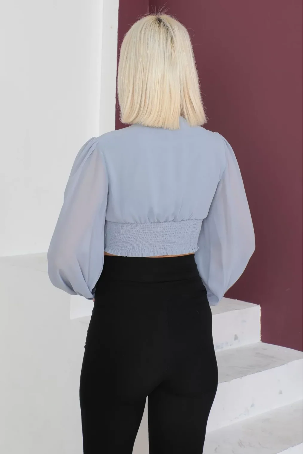 Şifon Crop Bluz 1766-Gri