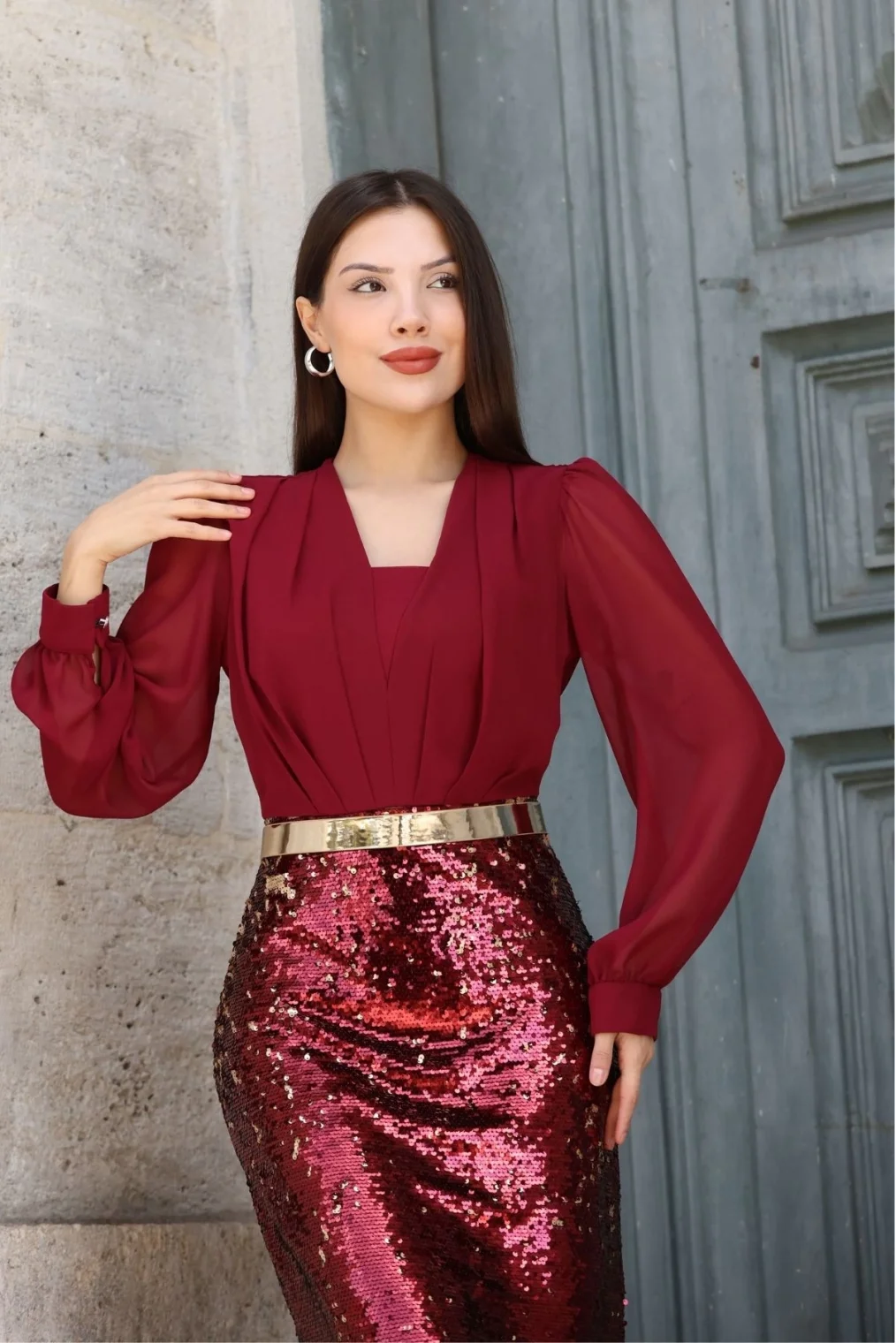 Şifon Kombinli Payetli Abiye Elbise 6048-Bordo