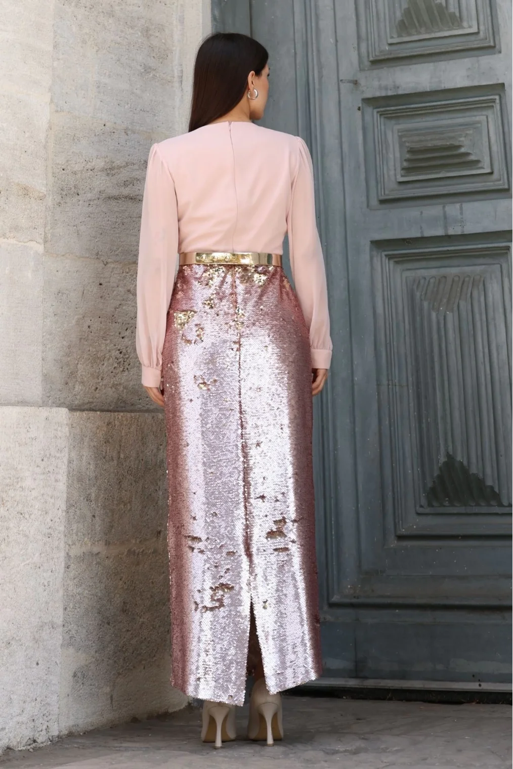 Şifon Kombinli Payetli Abiye Elbise 6048-Pudra