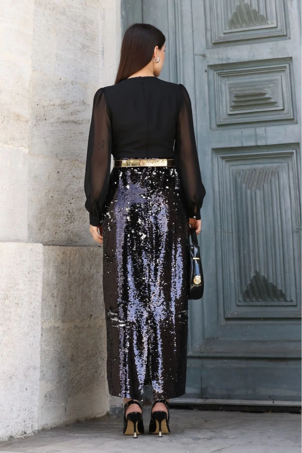 Şifon Kombinli Payetli Abiye Elbise 6048-Siyah