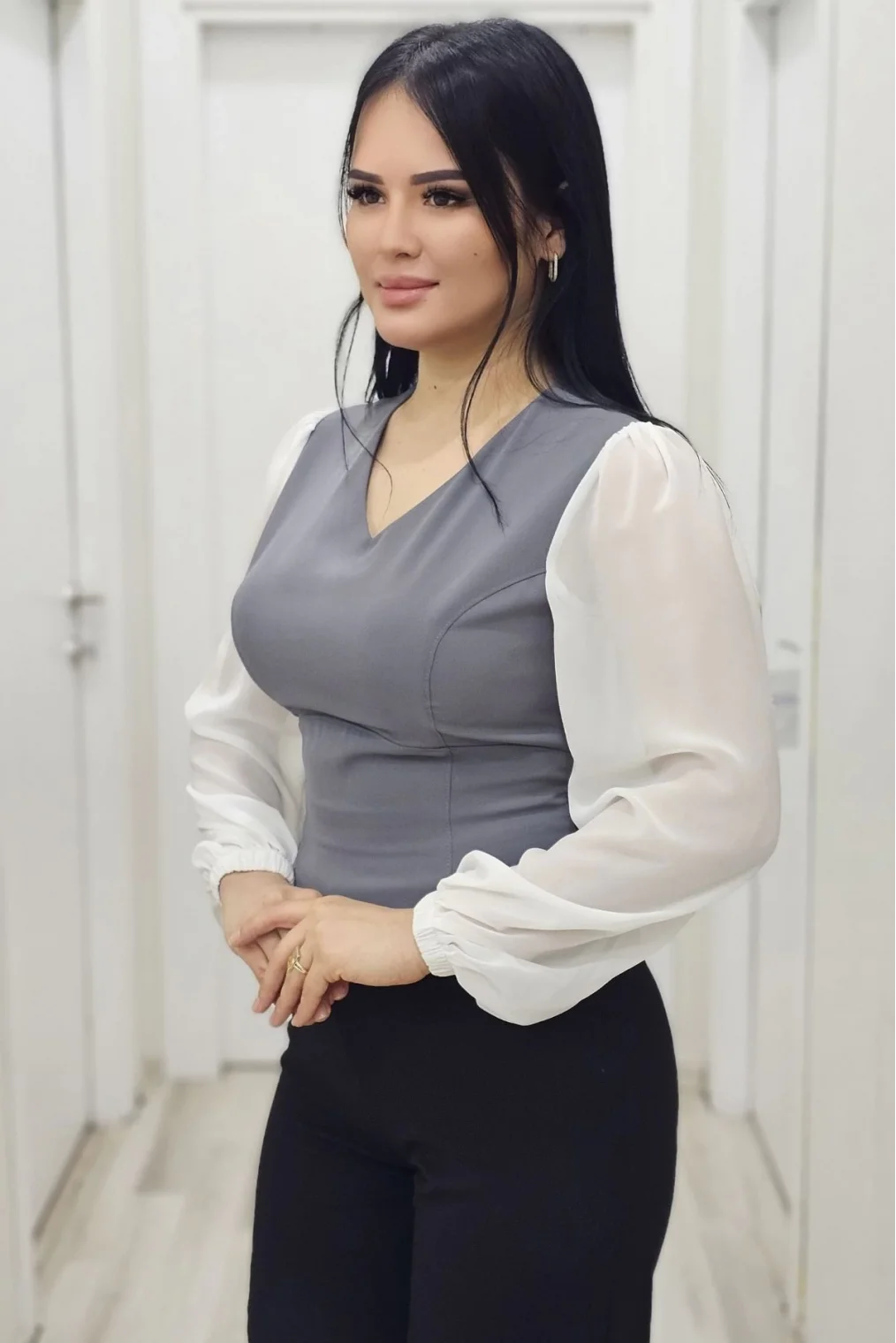 Şık V Yaka Crop Üst 6010-Gri