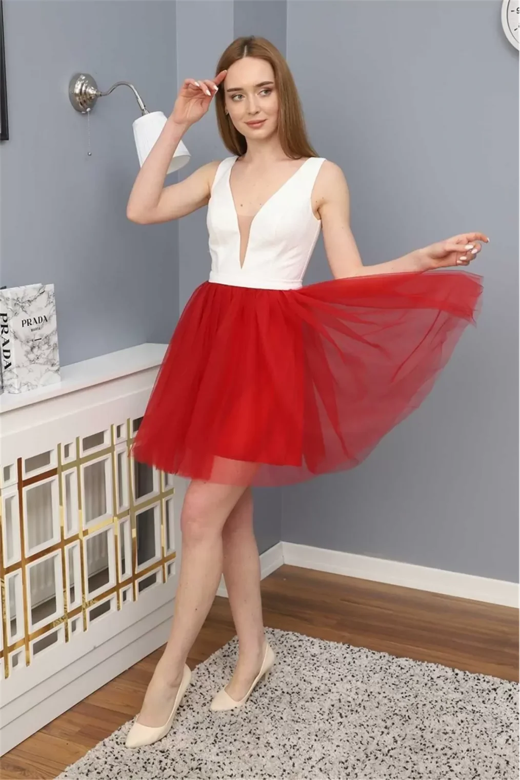 Sim Griterli Kısa Abiye Elbise 1763 Kırmızı/Beyaz